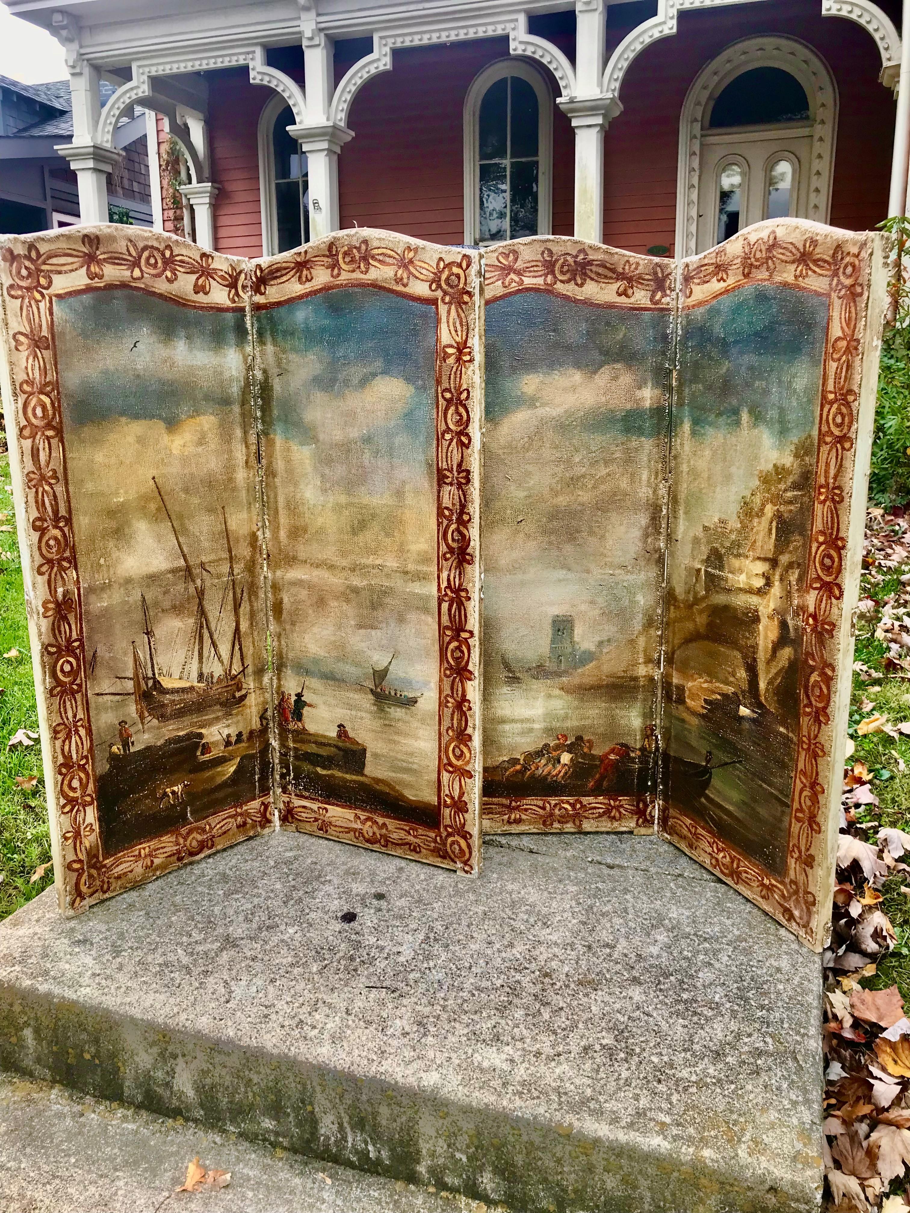 A provincial pair or set of seascape screens, each hand-painted. Each screen unit of two panels or four panels to the set. 
Charmingly worn and distressed. Scenes of Mediterranean coastal waters with ship or boats , figures and gulls. 
Each panel