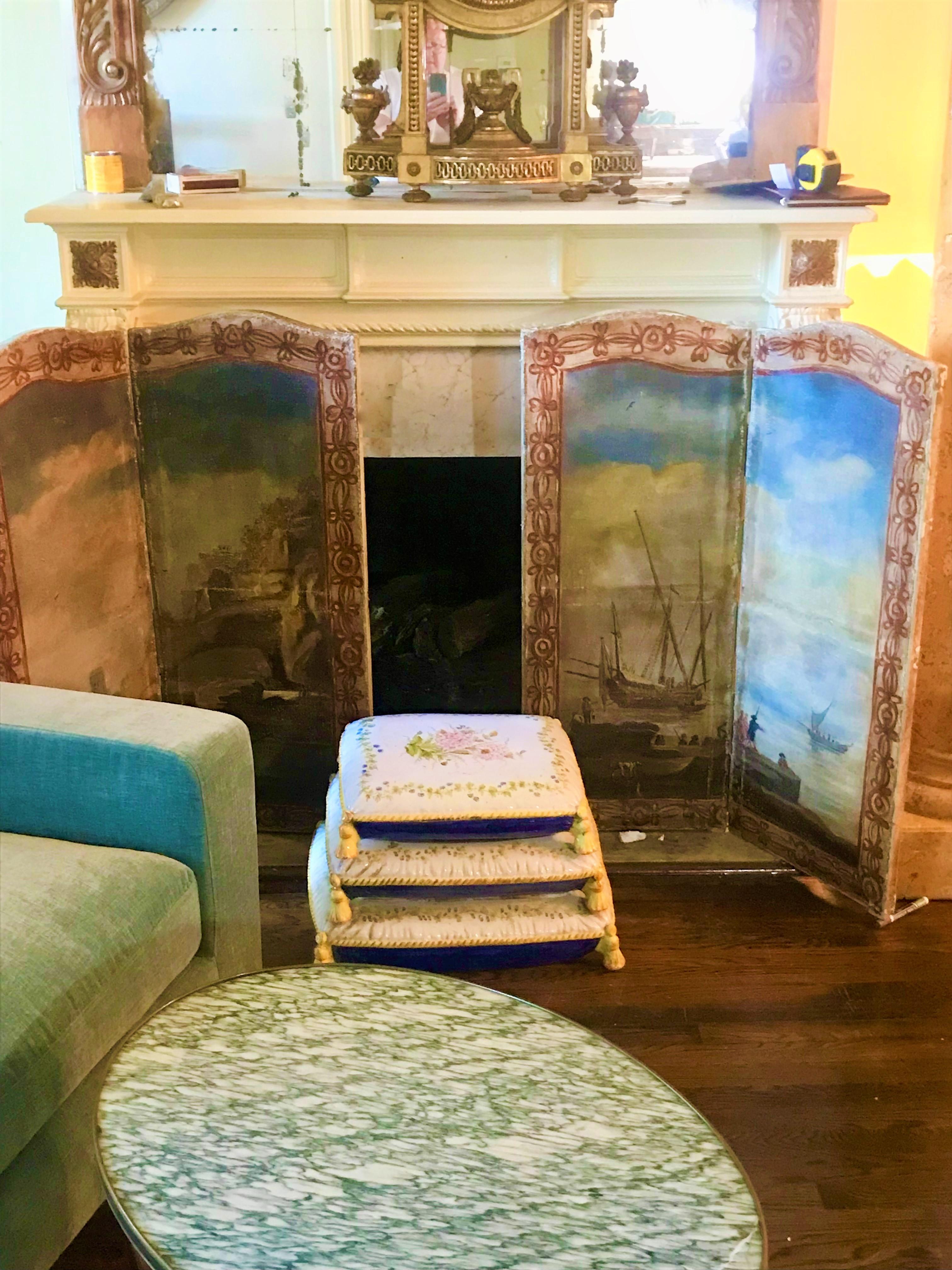 Italian Pair of Wall-table-floor Hand Painted Double Paneled Screens of Seascapes