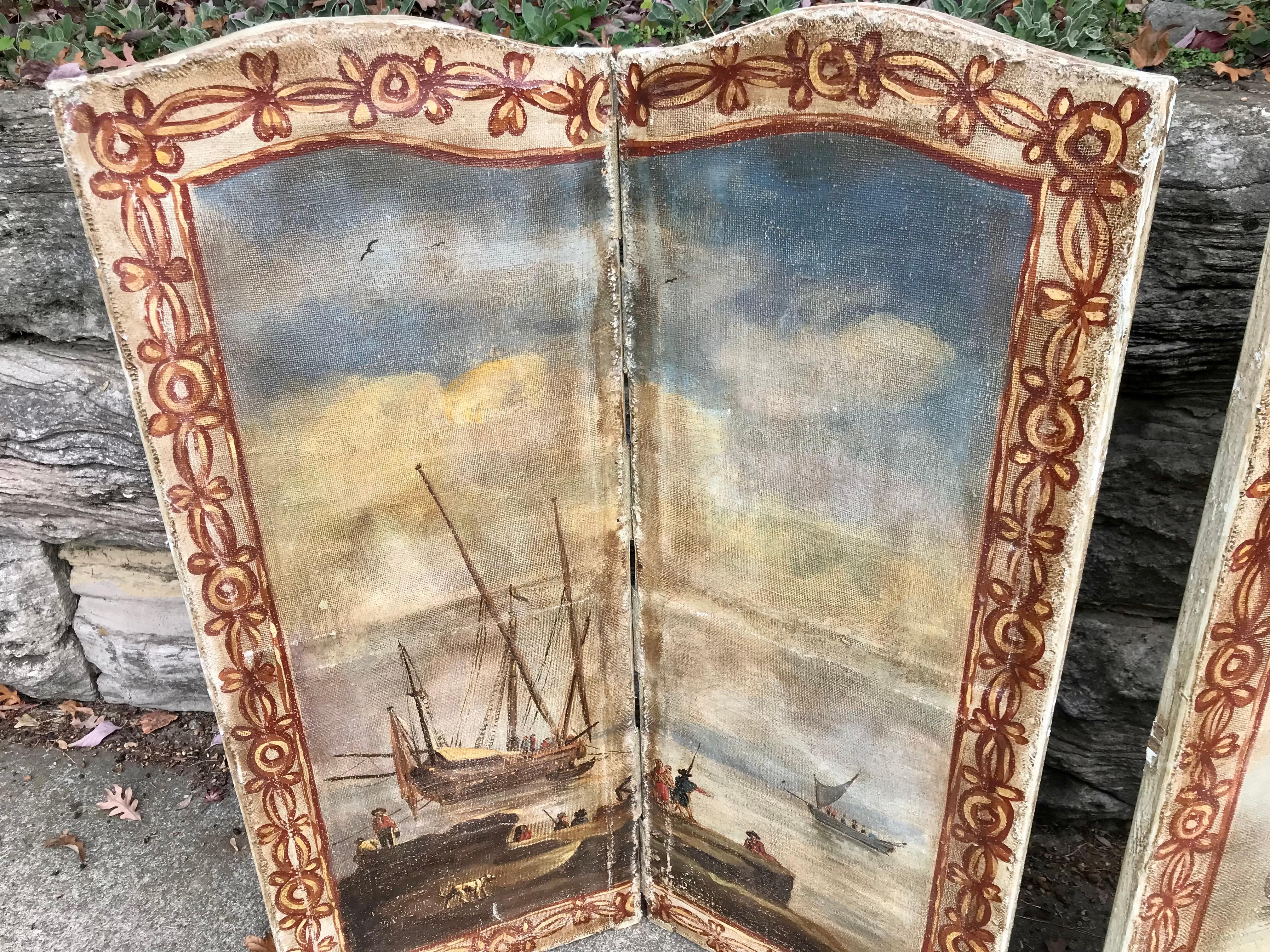19th Century Pair of Wall-table-floor Hand Painted Double Paneled Screens of Seascapes
