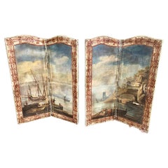 Pair of Wall-table-floor Hand Painted Double Paneled Screens of Seascapes