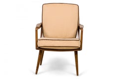 Pair of Walnut and Beige Fabric Upholstered Petite Lounge / Armchairs