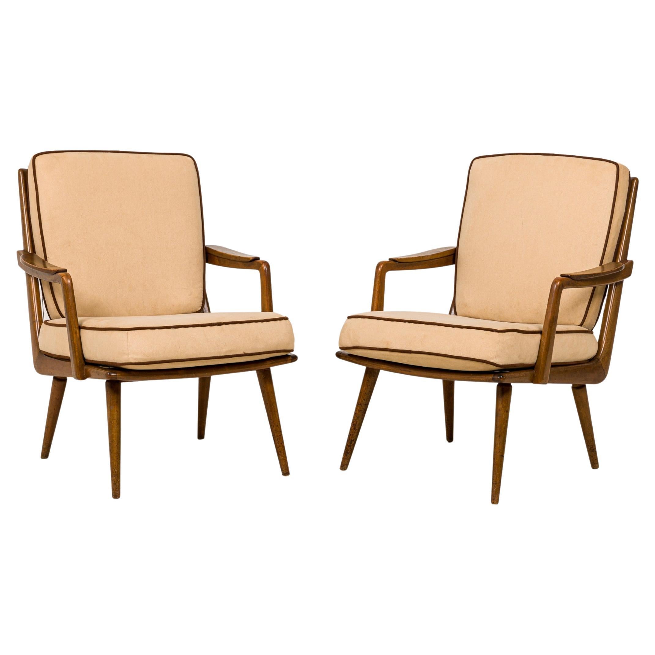 Pair of Walnut and Beige Fabric Upholstered Petite Lounge / Armchairs For Sale