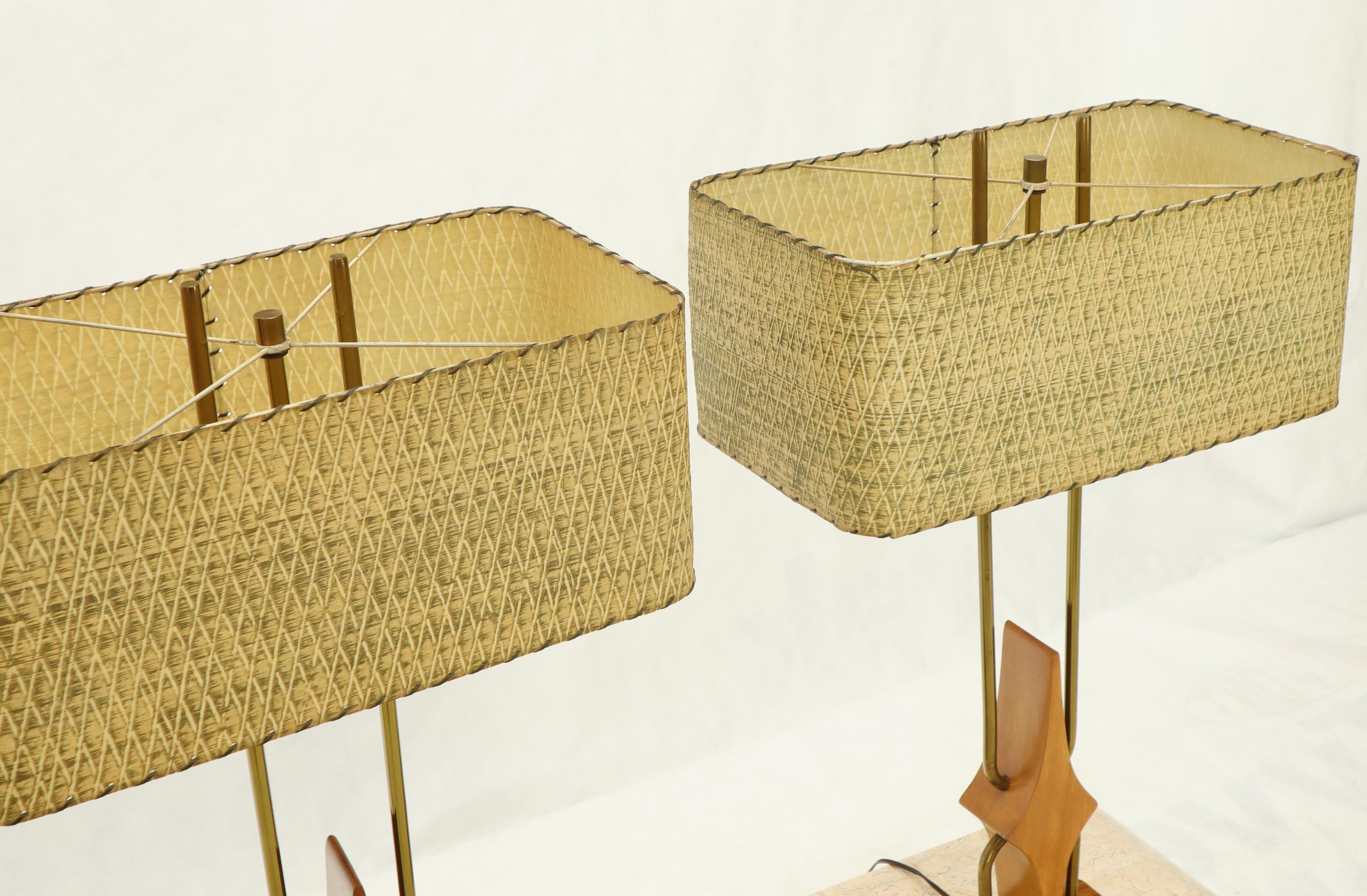 Pair of Walnut and Brass Diamond Pattern Table Lamps For Sale 9