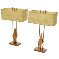 Vintage Pair of Walnut and Brass Diamond Pattern Table Lamps