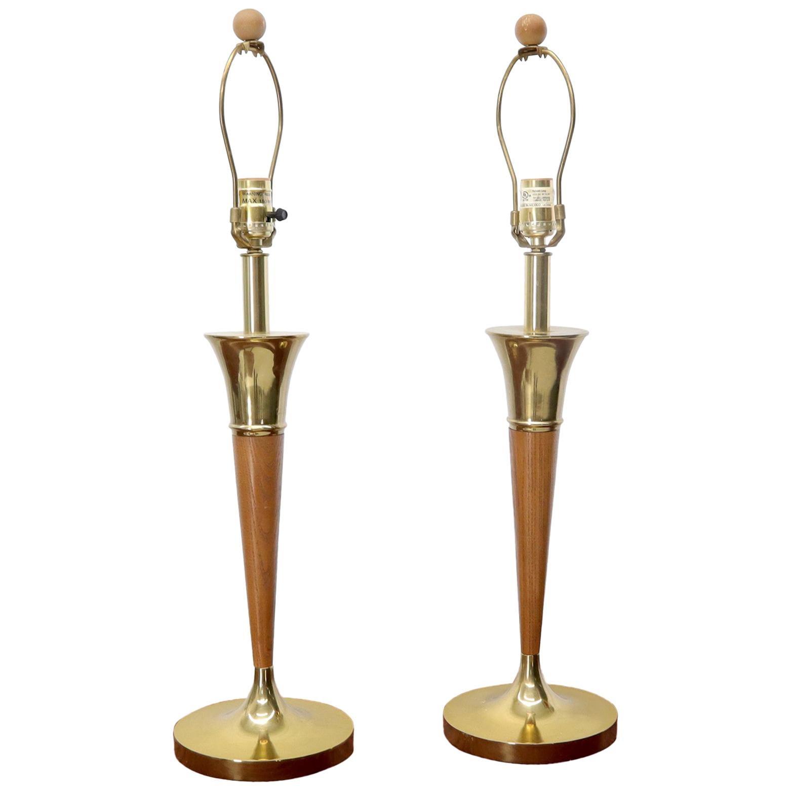 Pair of Walnut and Brass Mid-Century Modern Table Lamps