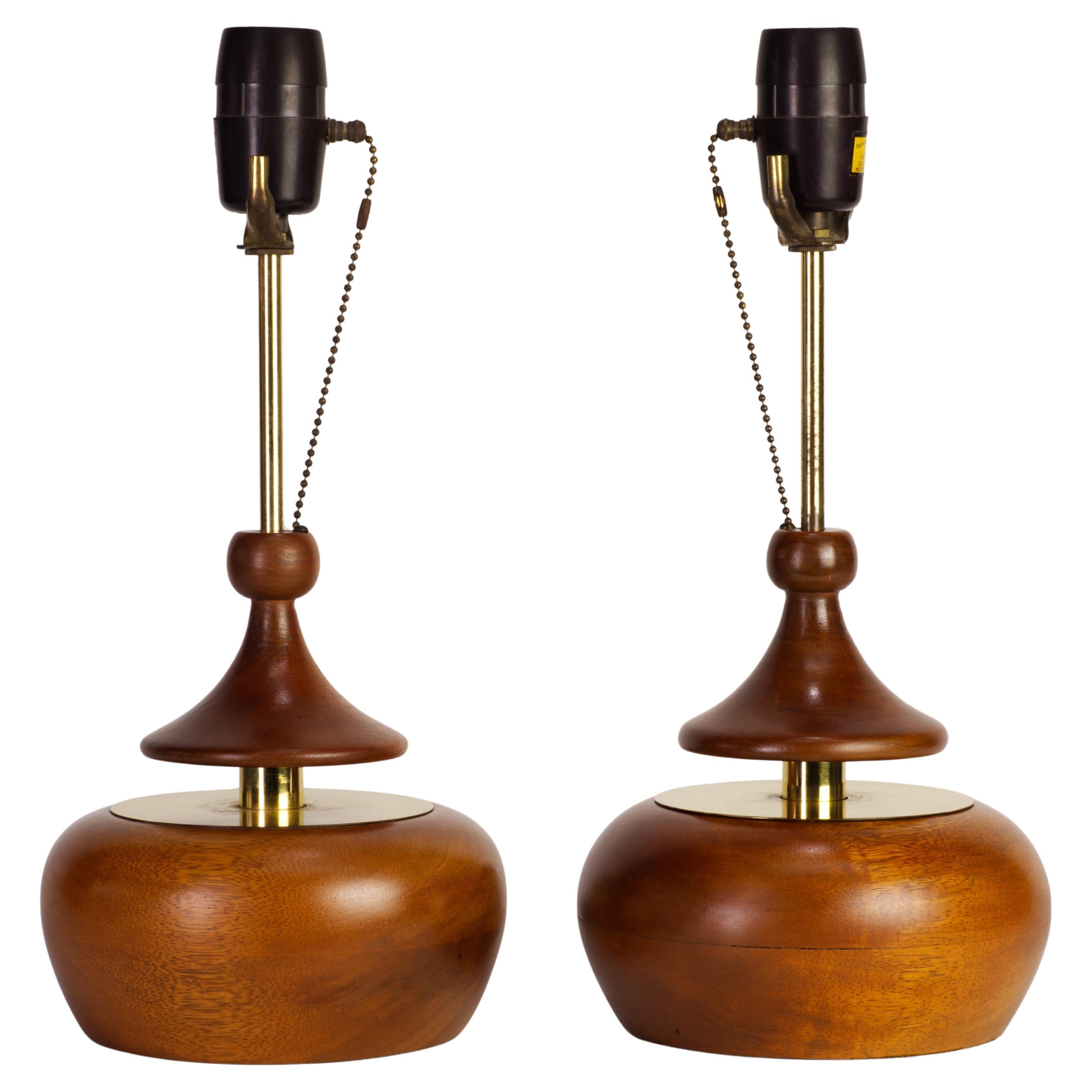 Pair of Walnut and Brass Push Table Lamps by Modeline, California 1960s