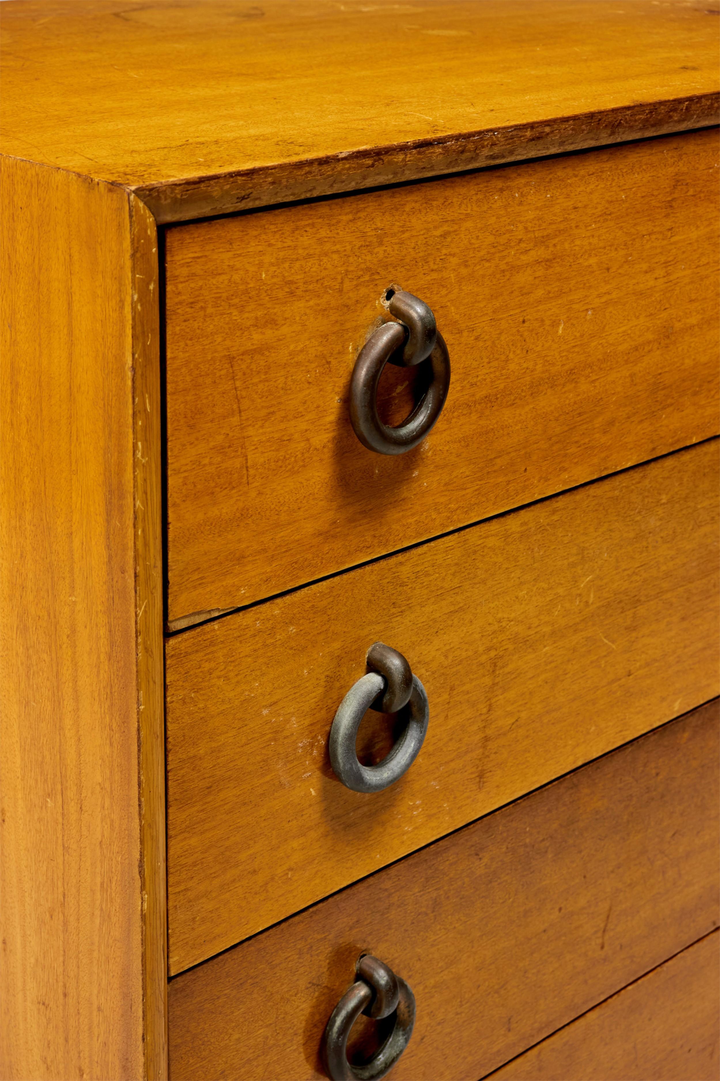 Pair of Walnut and Brass Ring 4-Drawer Chest For Sale 11