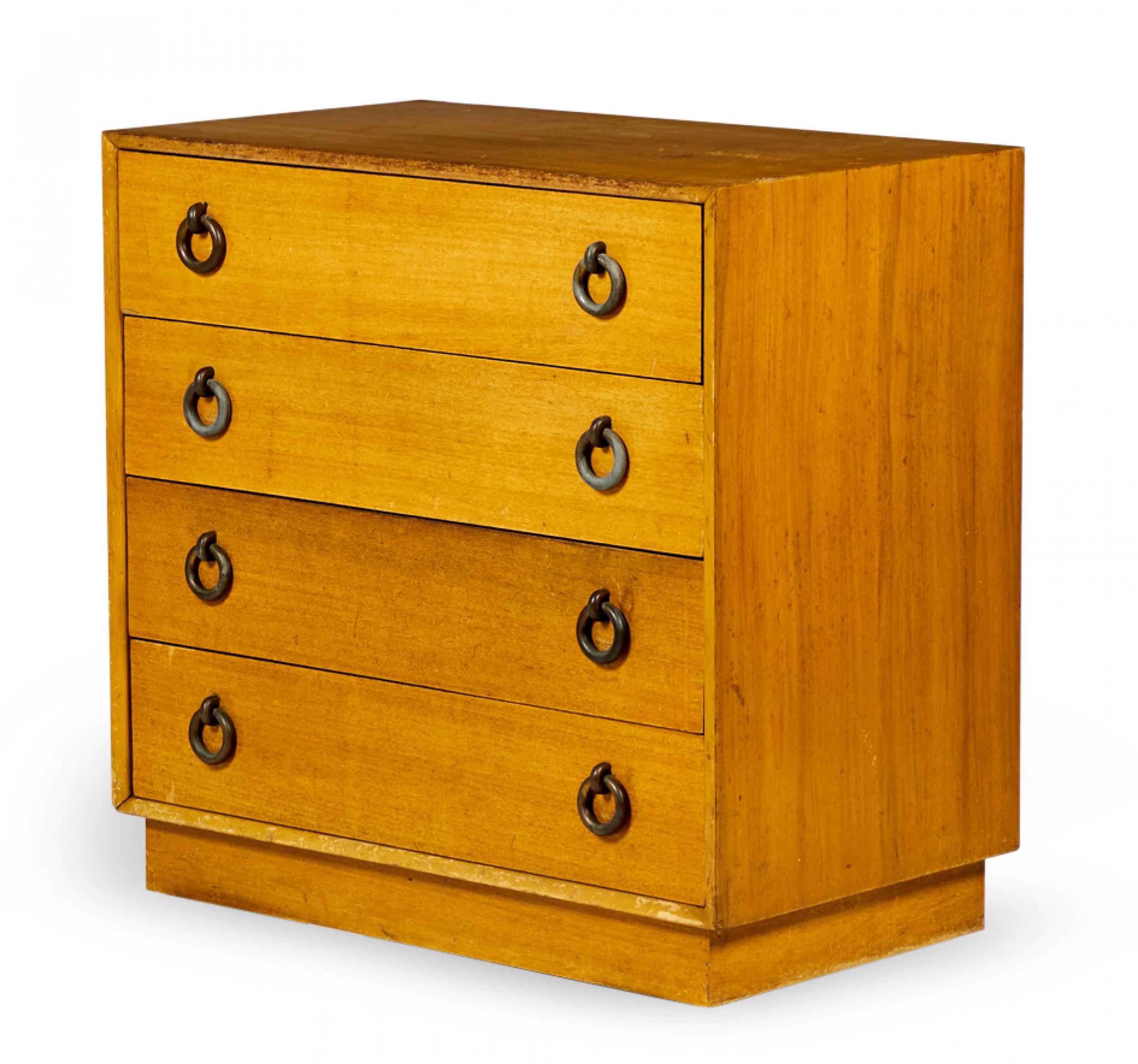 PAIR of American Mid-Century walnut chests with four drawers with two brass ring drawer pulls each.