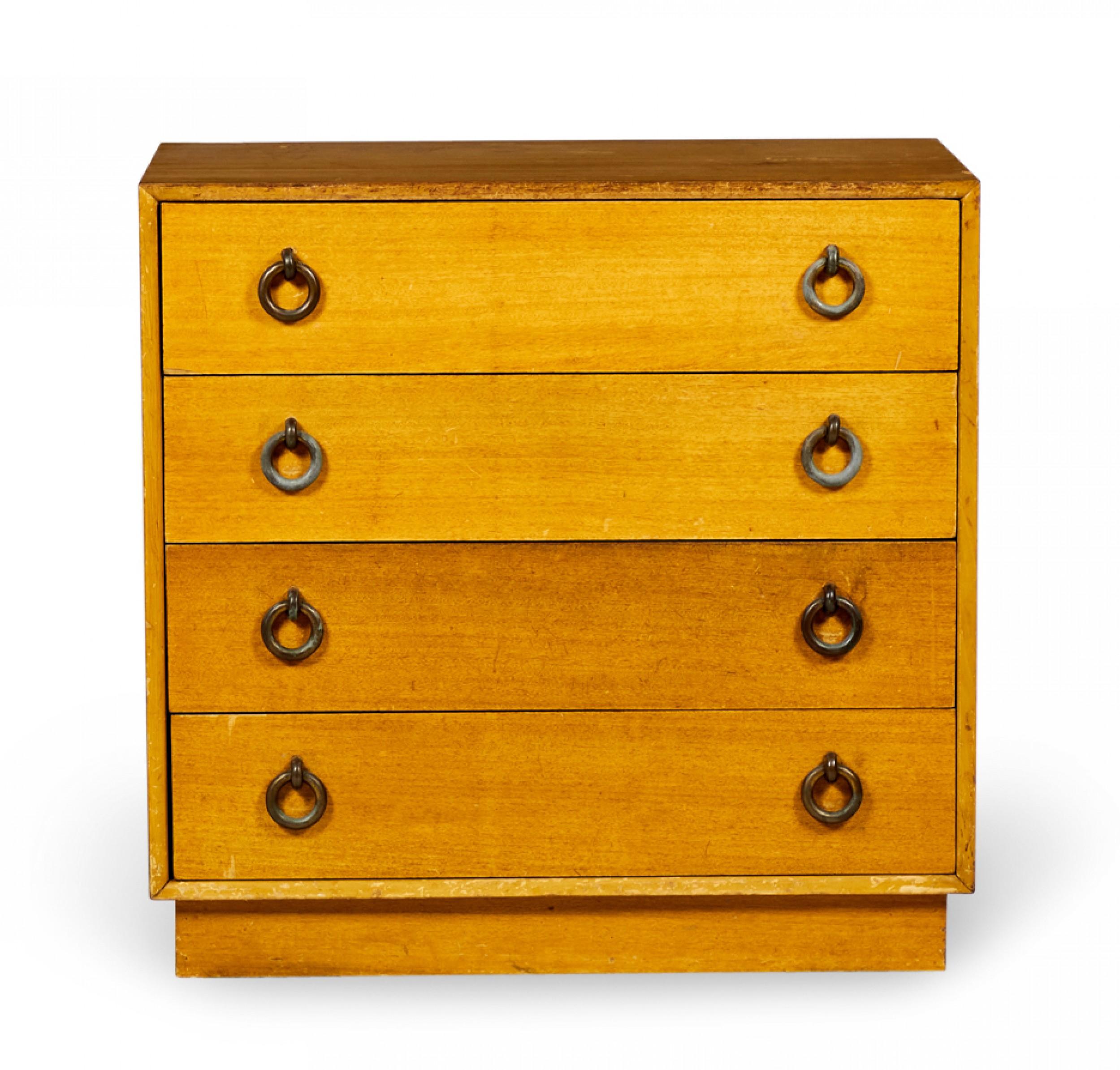 Mid-Century Modern Pair of Walnut and Brass Ring 4-Drawer Chest For Sale