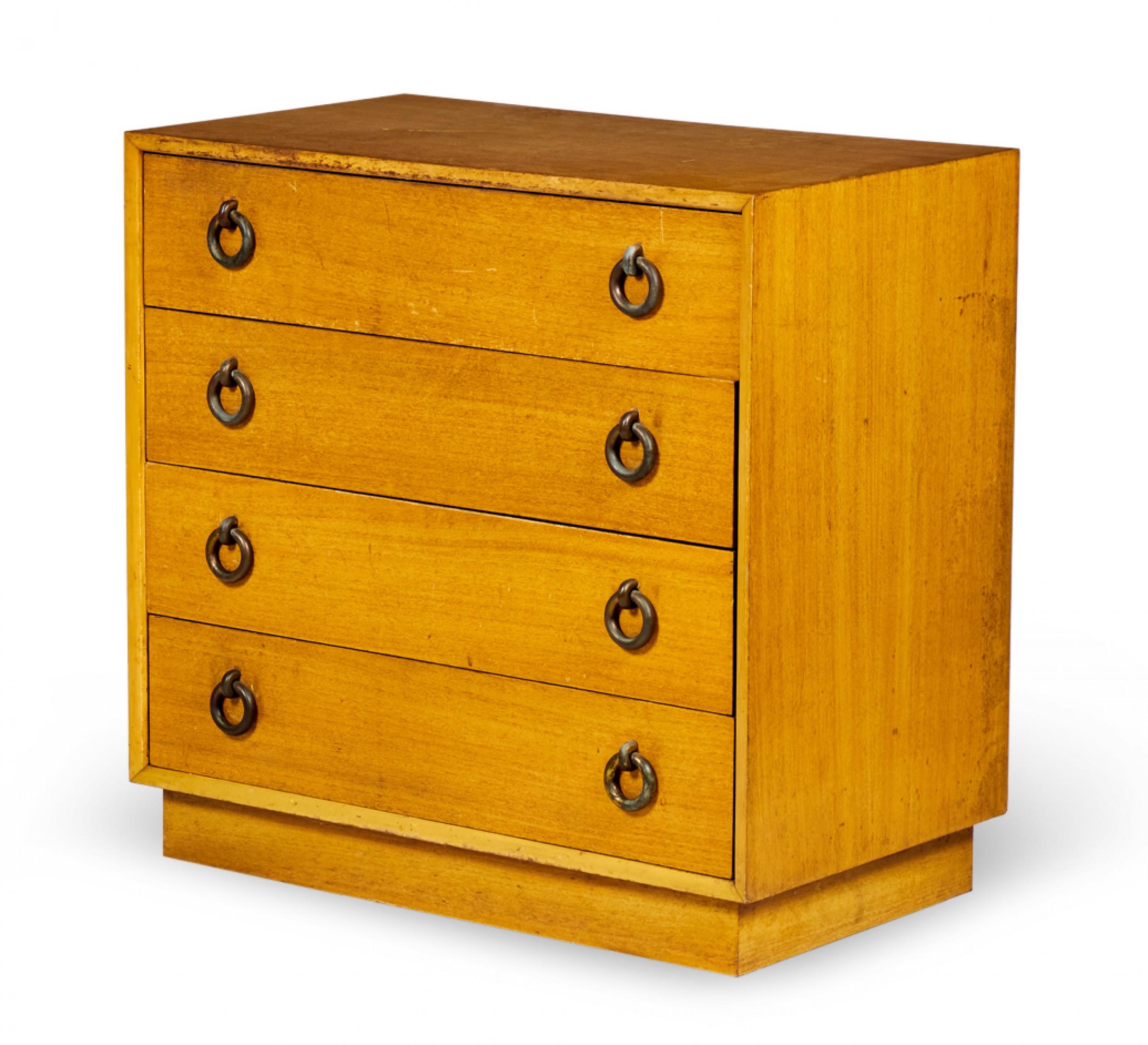 Metal Pair of Walnut and Brass Ring 4-Drawer Chest For Sale