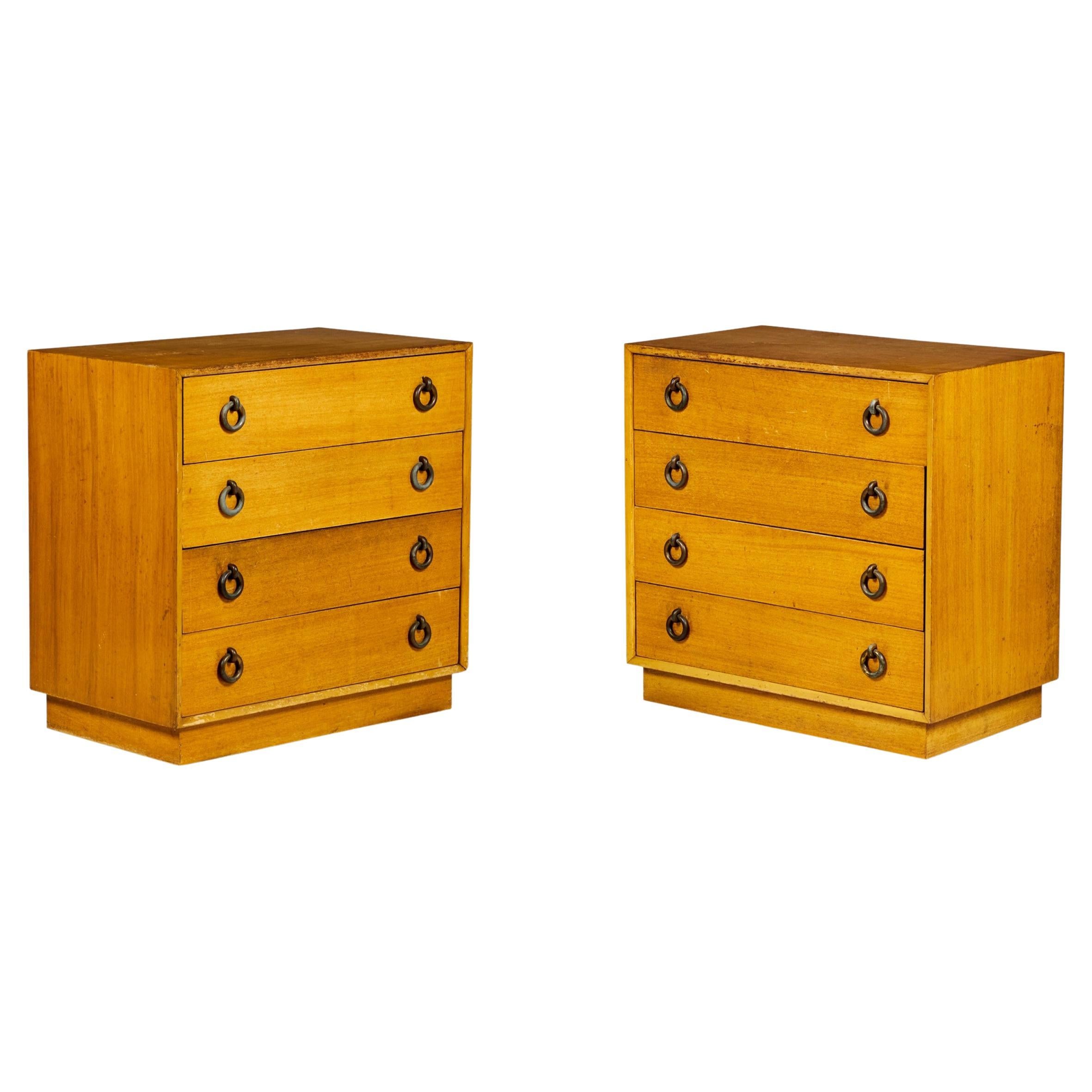 Pair of Walnut and Brass Ring 4-Drawer Chest For Sale