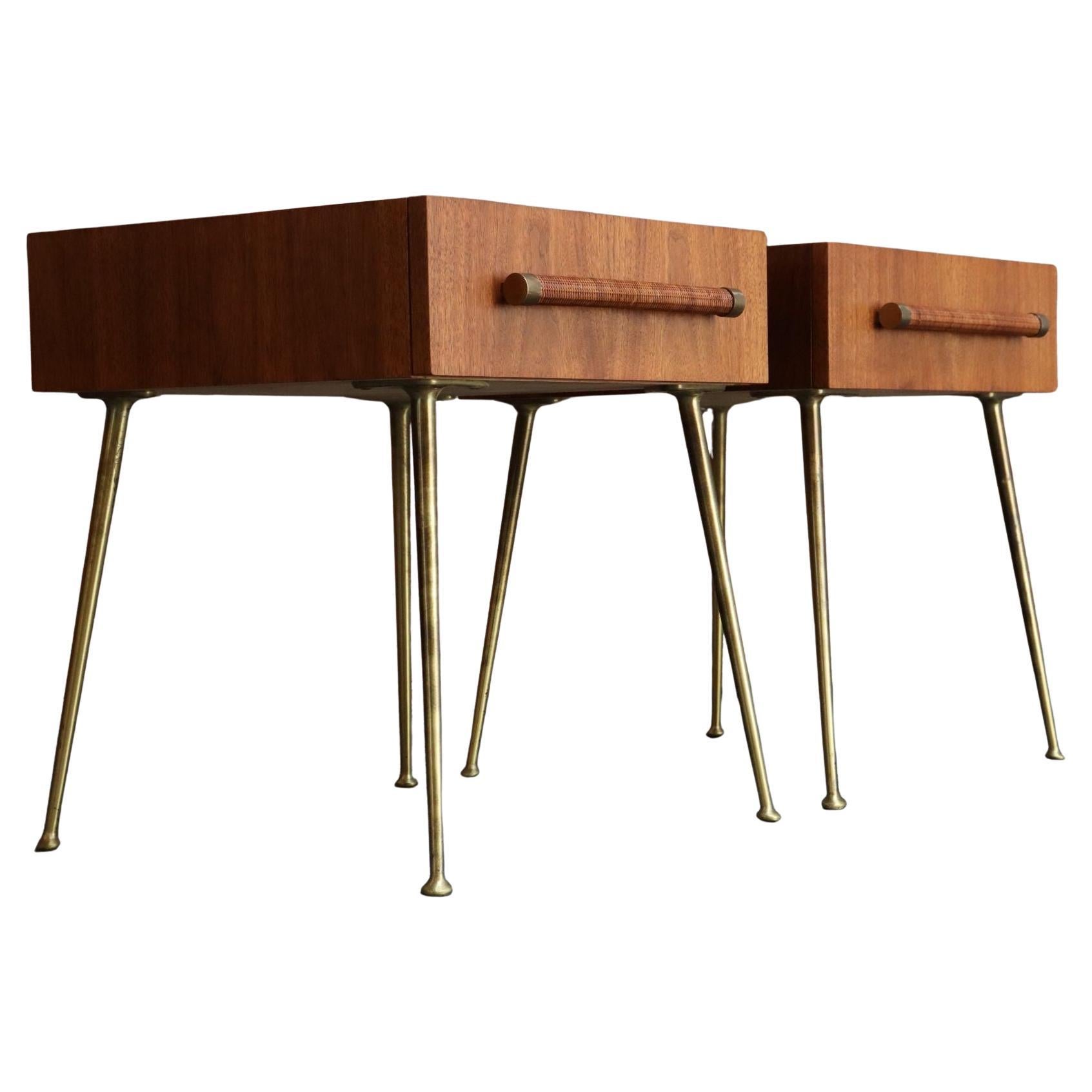 Pair of Walnut and Brass Single Drawer Nightstands by T.H. Robsjohn-Gibbings