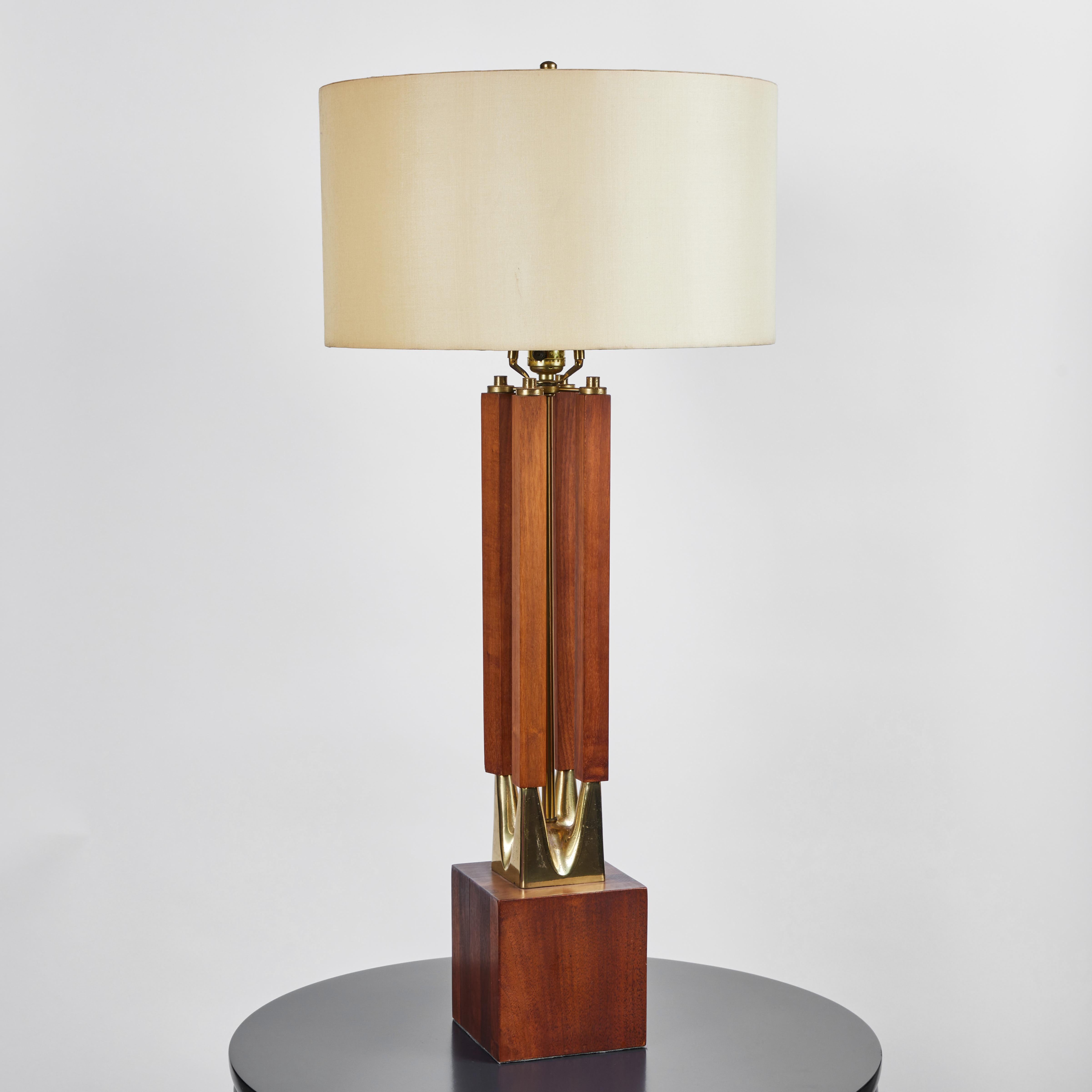 American Pair of Walnut and Brass Table Lamps by Laurel Lamp Company, 1960's  For Sale