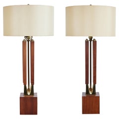 Vintage Pair of Walnut and Brass Table Lamps by Laurel Lamp Company, 1960's 
