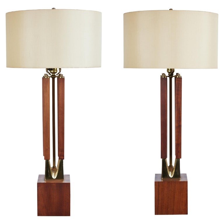 Pair of Walnut and Brass Table Lamps by Laurel Lamp Company, 1960's For