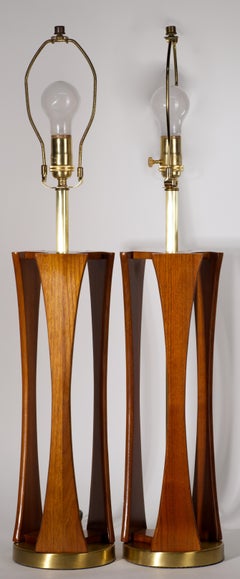 Pair of Walnut and Brass Table Lamps in Style of Modeline, Mid Century Modern