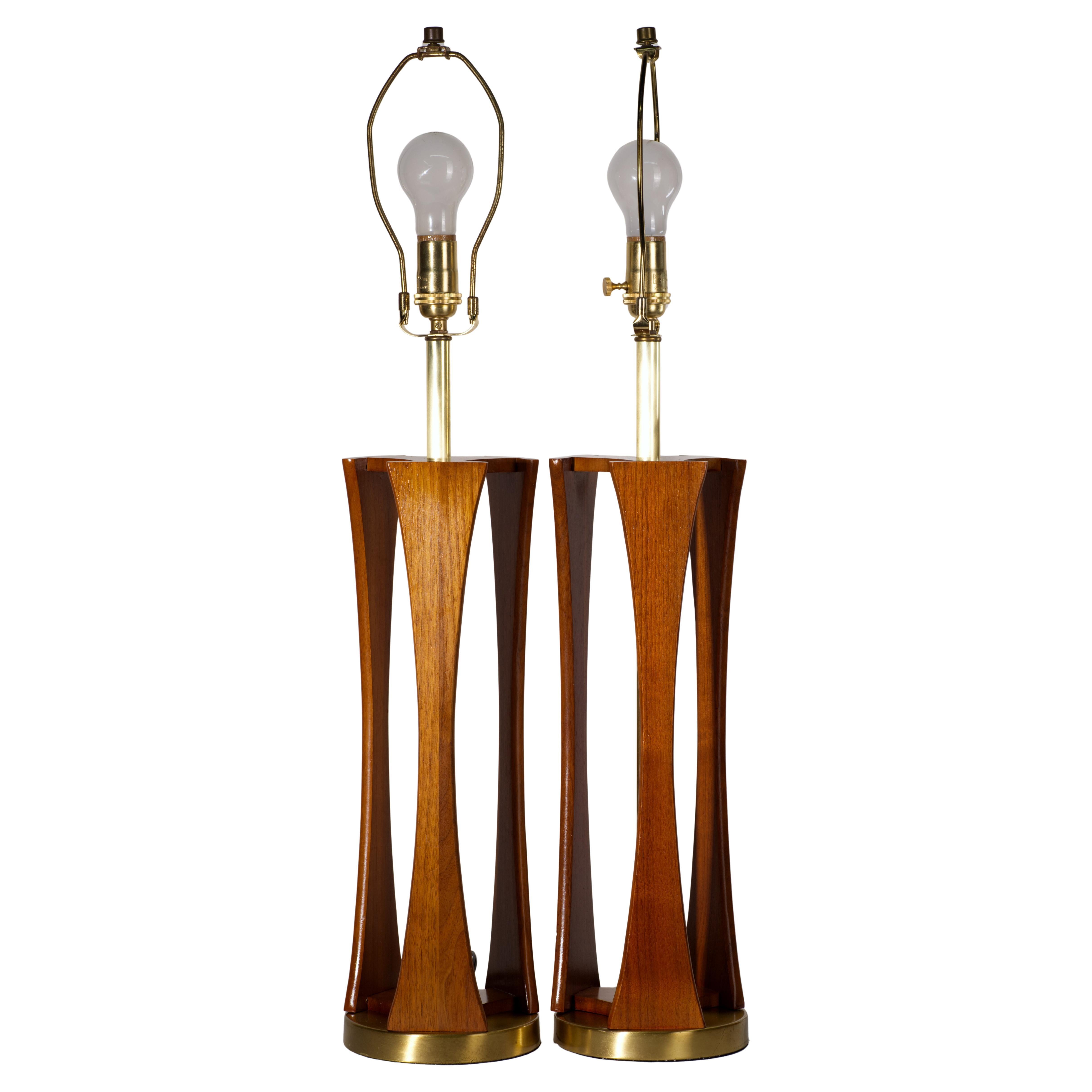Pair of Walnut and Brass Table Lamps in Style of Modeline, Mid Century Modern