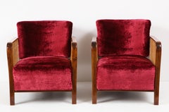 Pair of Walnut and Caned Armchairs by Lajos Kozma