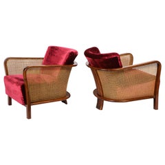 Pair of Walnut and Caned Armchairs by Lajos Kozma