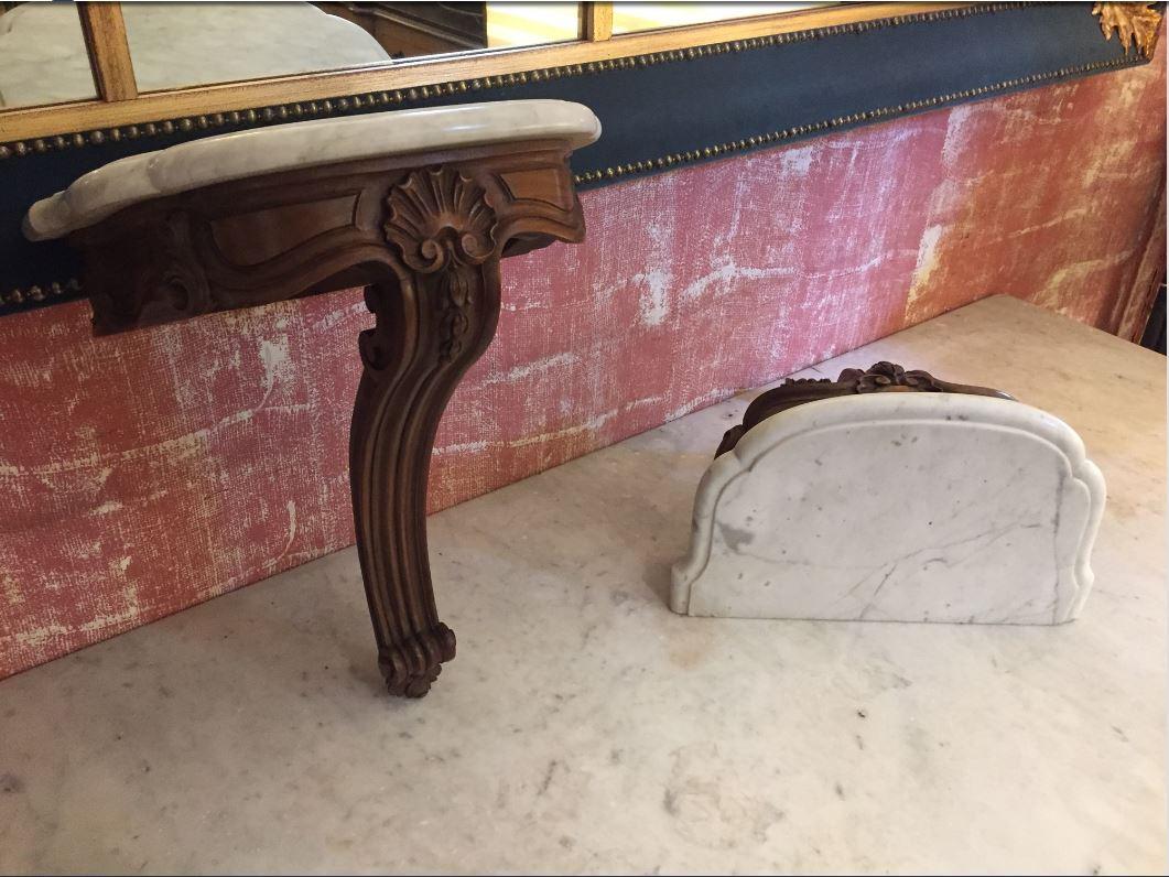 Pair of walnut and Carrara marble French console tables from 1890s.