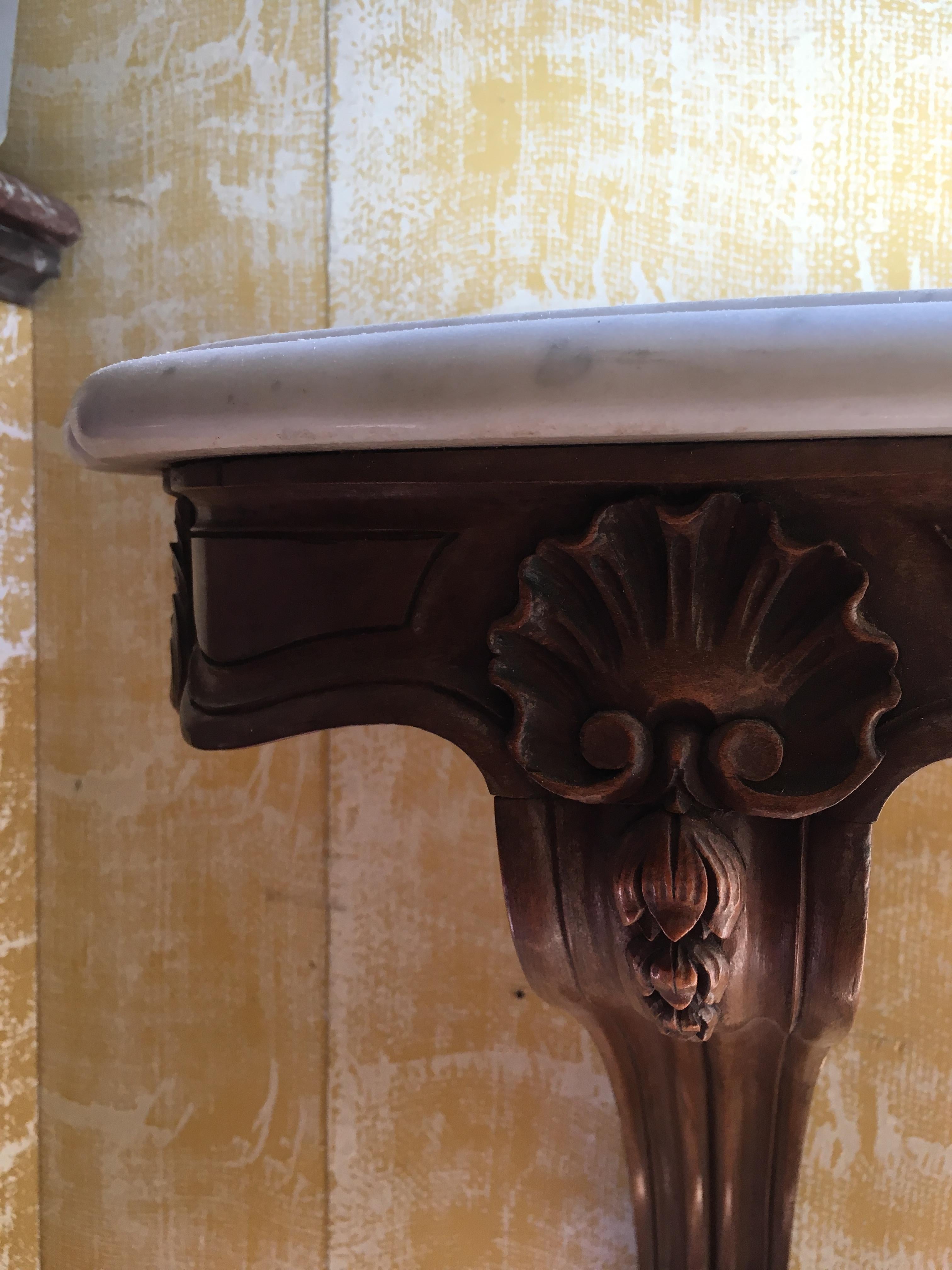 Hand-Carved Pair of Walnut and Carrara Marble French Console Tables from 1890s