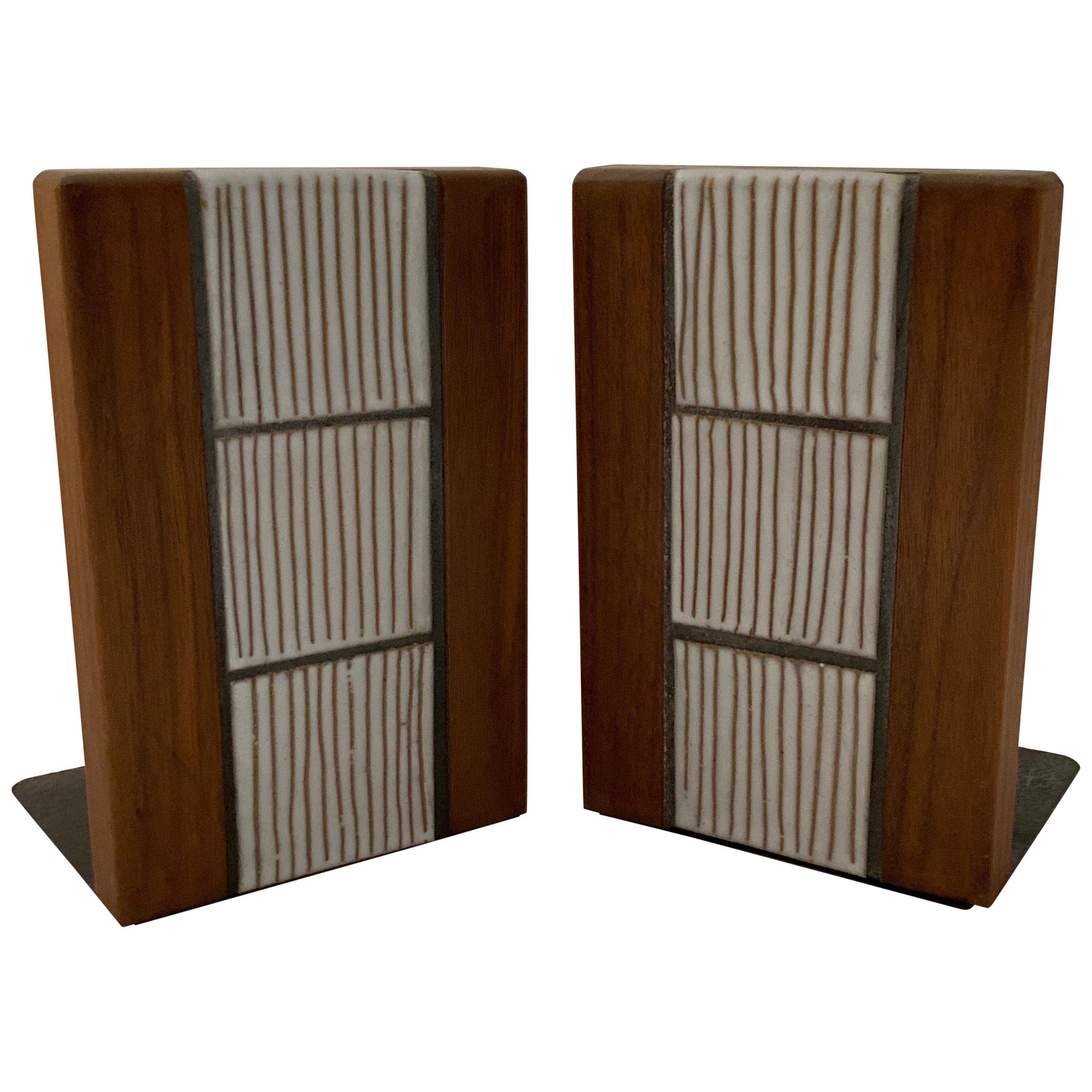 Pair of Walnut and Ceramic Bookends Marshall Studios