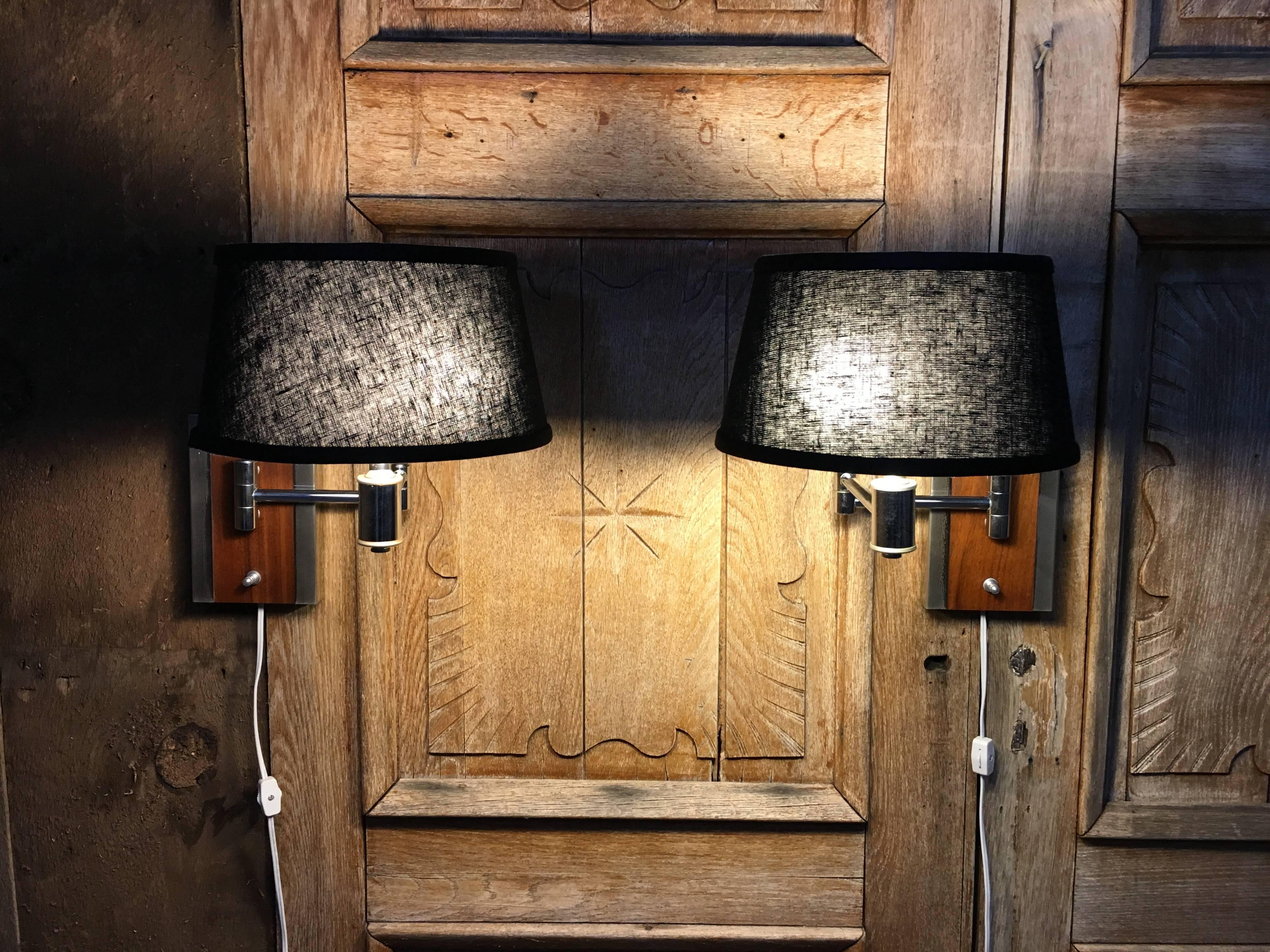 Pair of Walnut and Chrome Articulated Sconces For Sale 7