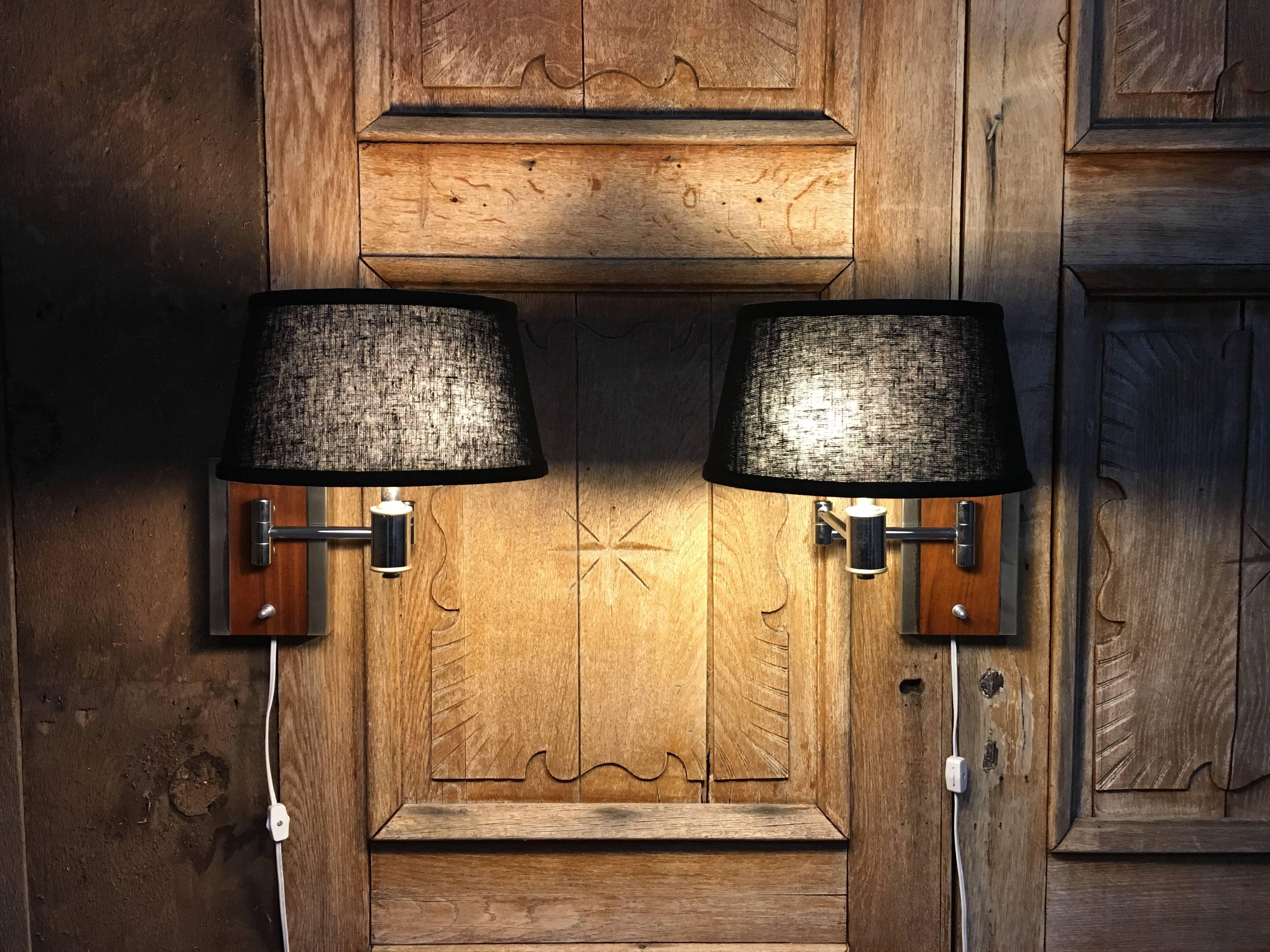 Pair of Walnut and Chrome Articulated Sconces For Sale 9