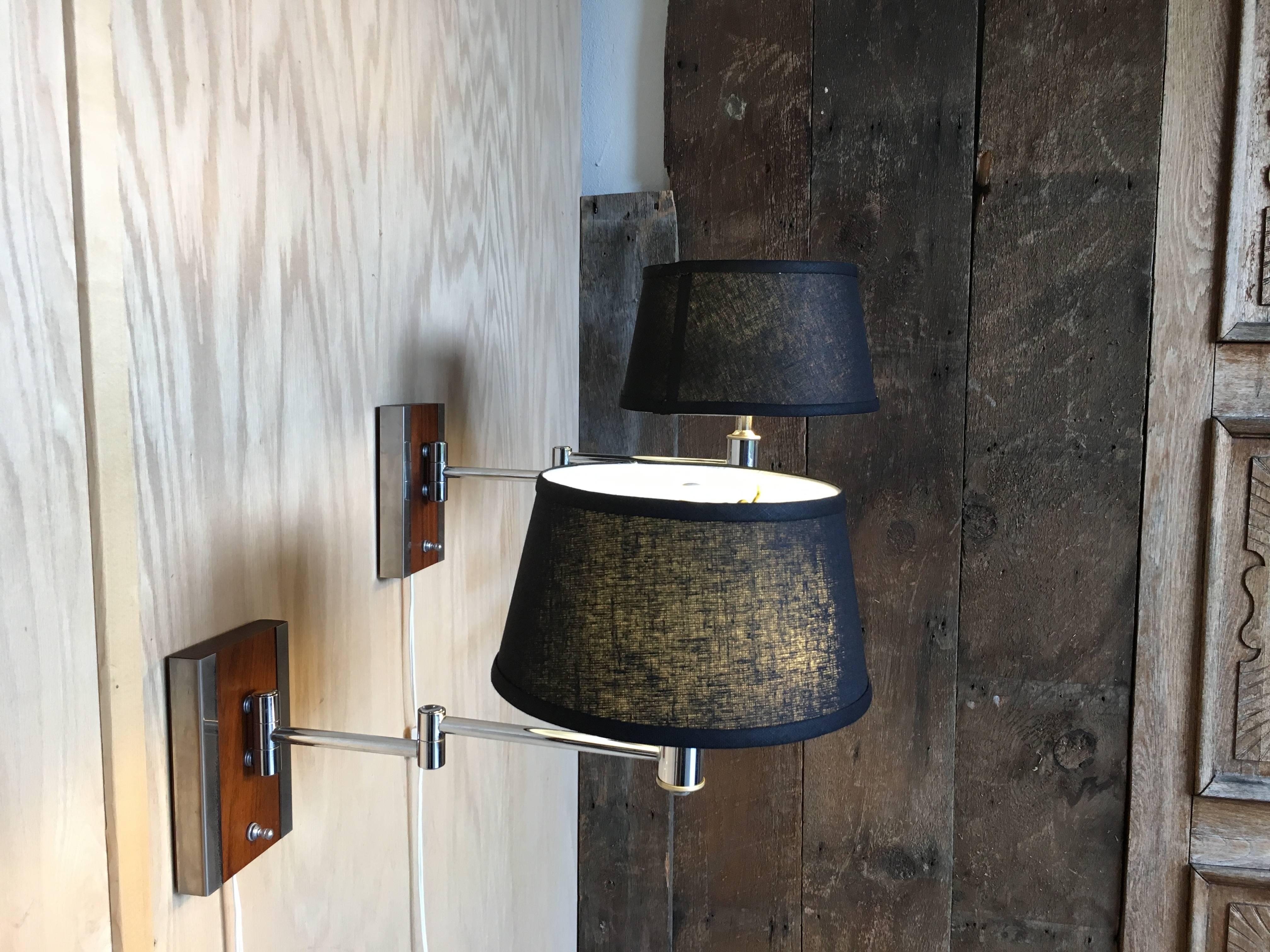 Pair of Walnut and Chrome Articulated Sconces For Sale 2