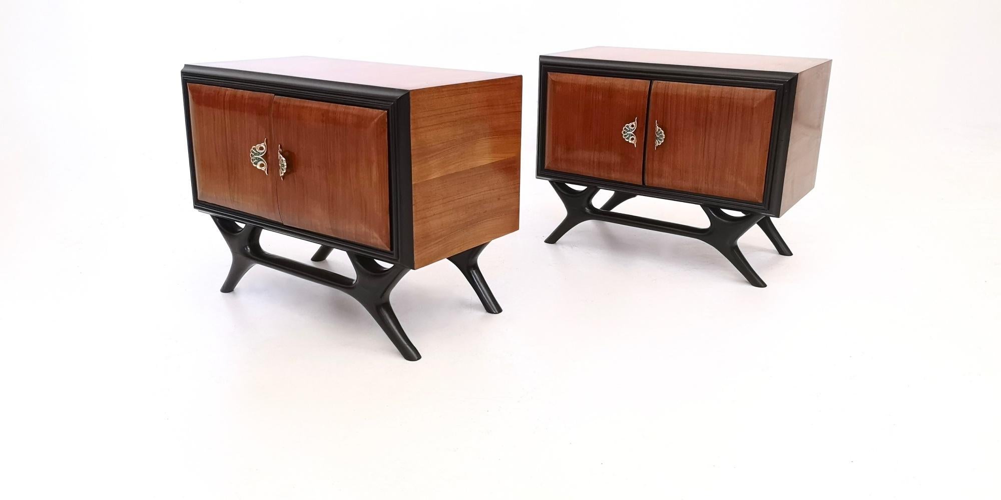 Italian Pair of Vintage Walnut and Ebonized Wood Nightstands with Brass Handles, Italy