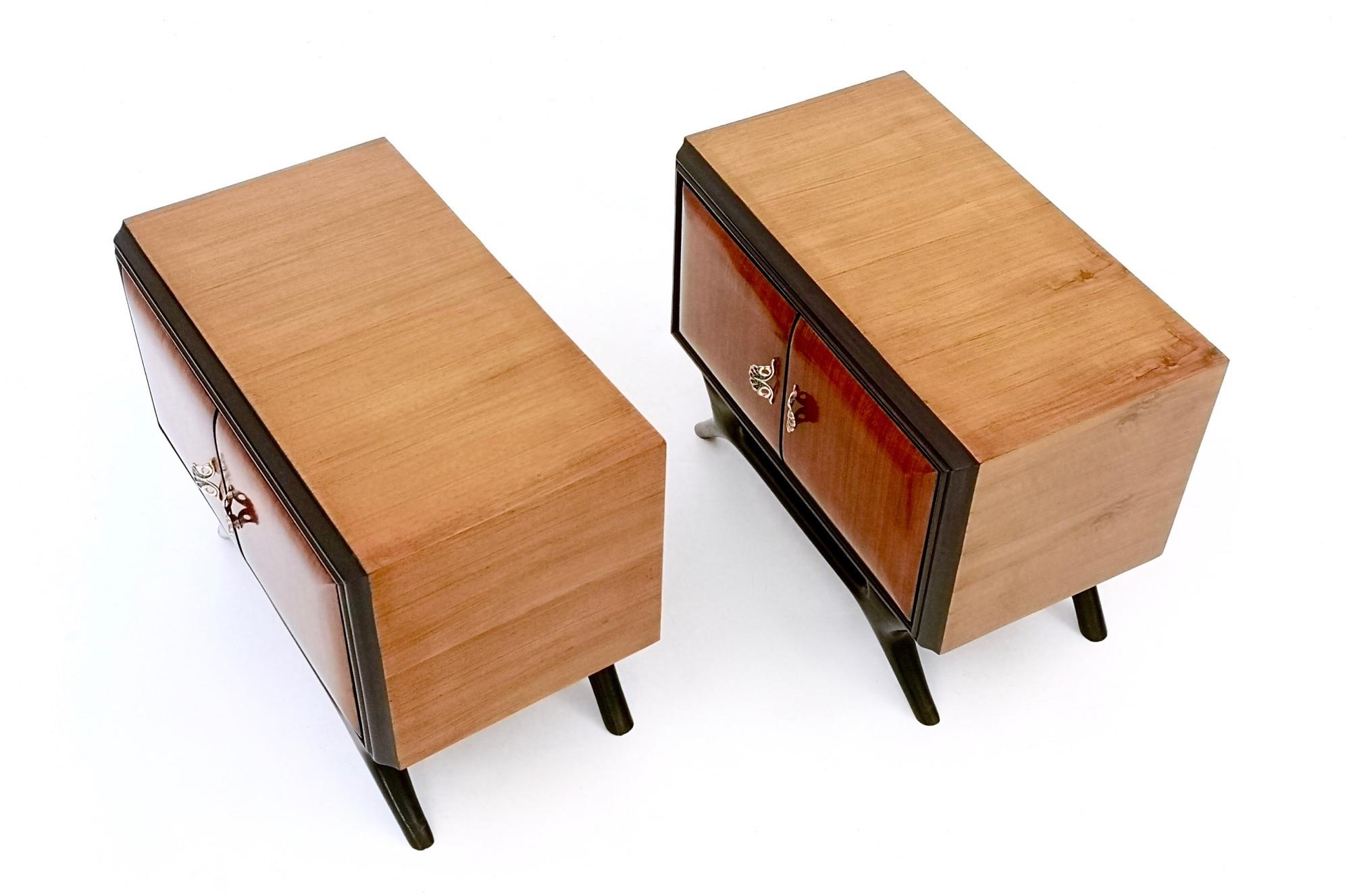 Mid-20th Century Pair of Vintage Walnut and Ebonized Wood Nightstands with Brass Handles, Italy