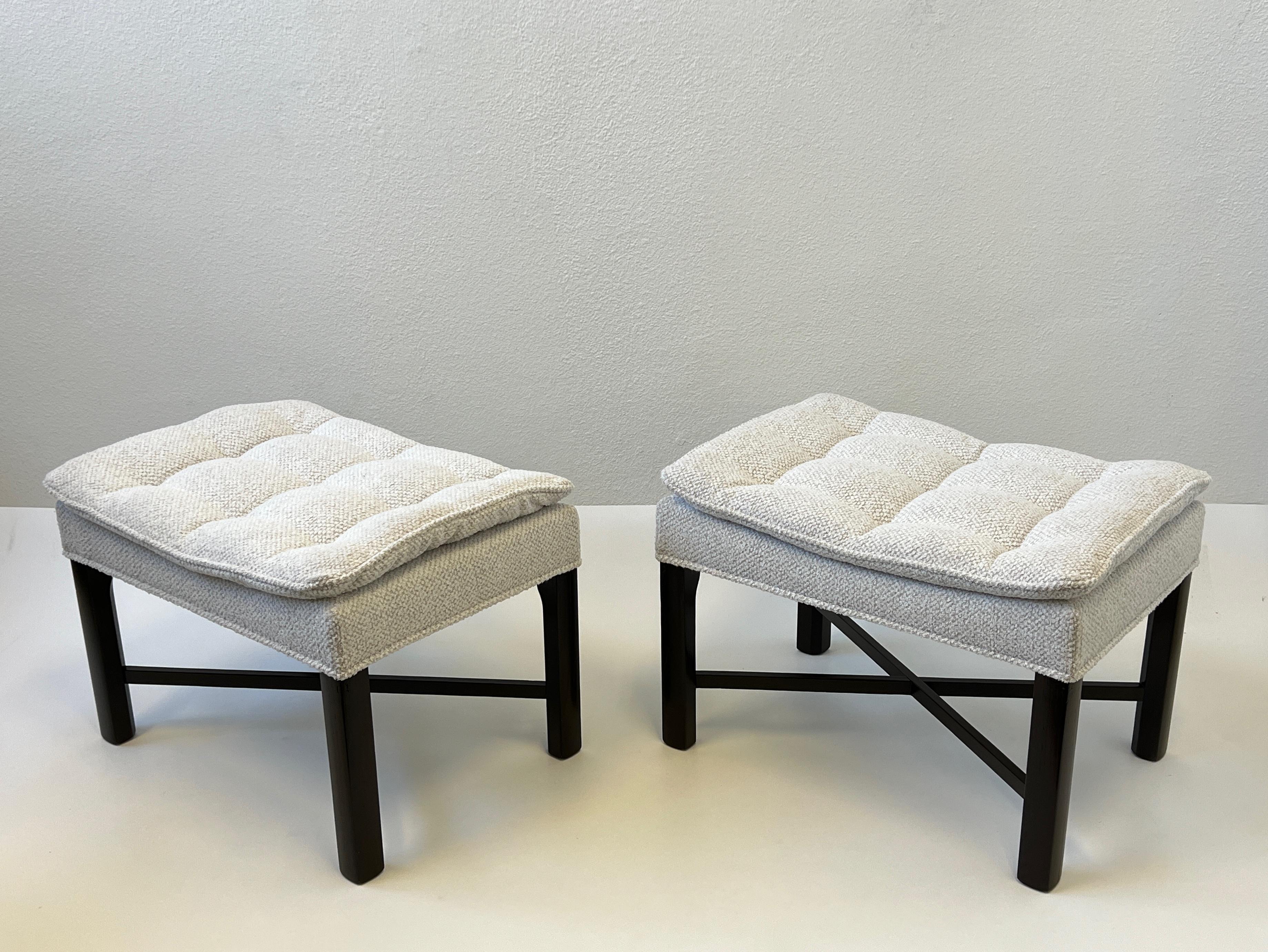 Mid-Century Modern Pair of Walnut and Fabric Pillow Top Ottomans by Michael Taylor  For Sale