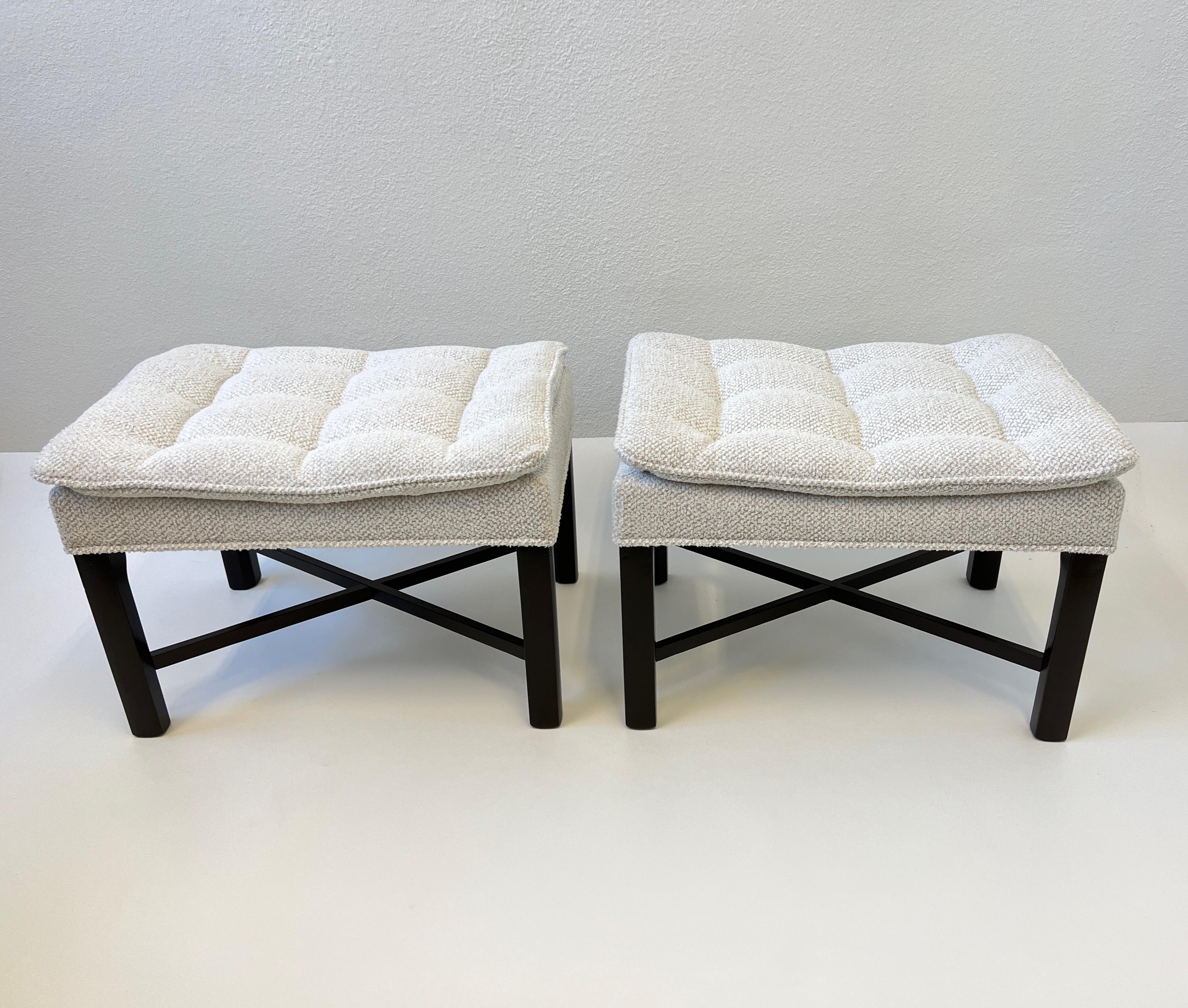 Pair of Walnut and Fabric Pillow Top Ottomans by Michael Taylor  In Excellent Condition For Sale In Palm Springs, CA