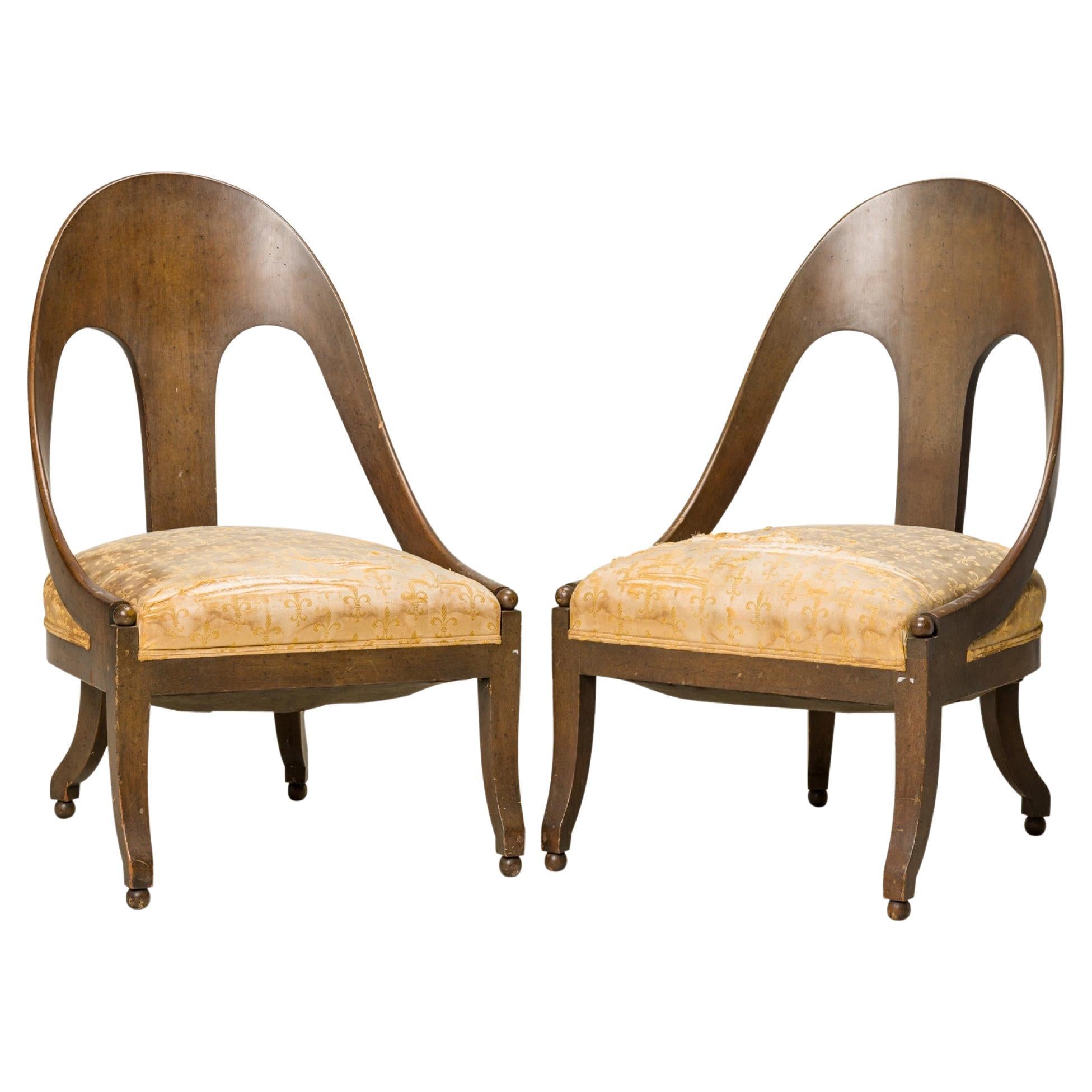 Pair of Walnut and Fleur De Lis Print Beige Upholstery Spoon Back Side Chairs For Sale