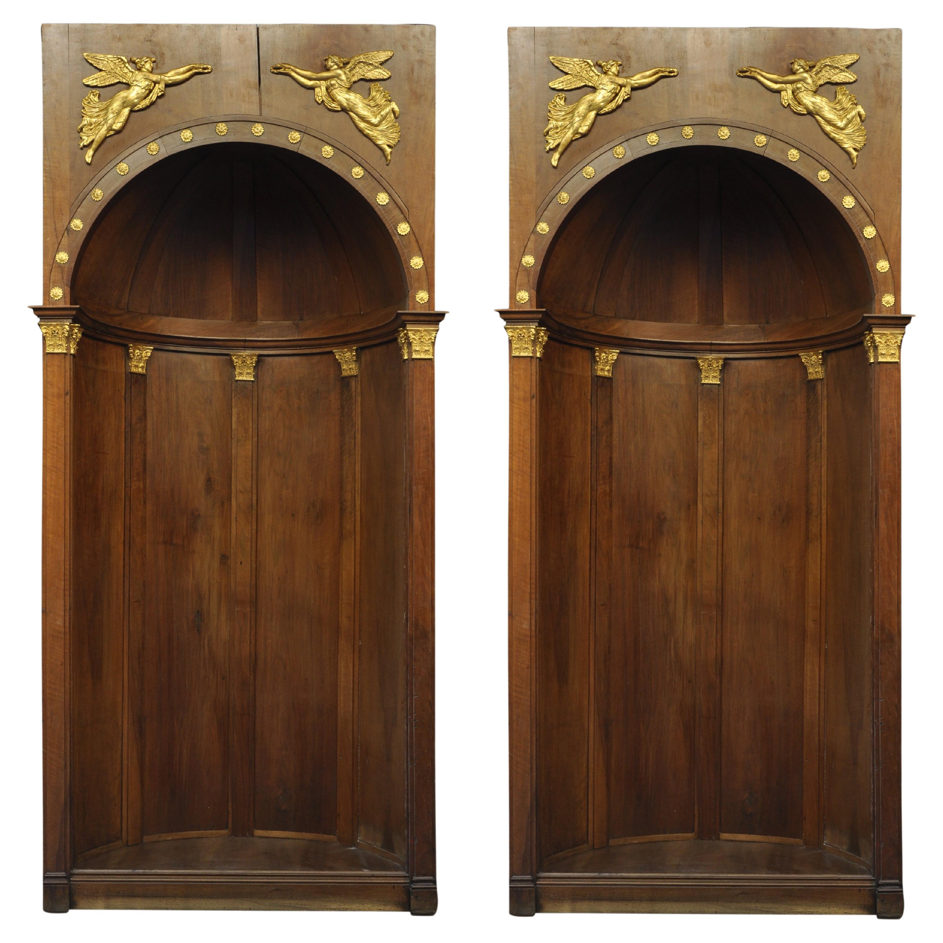 Pair of Walnut and Gilt Stucco Alcoves, Empire Style For Sale