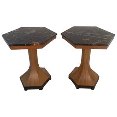 Pair of Walnut and Marble-Top Pedestal Tables