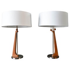 Vintage Pair of Walnut and Nickel Modernist Table Lamps by Rembrandt Lamp Co, 1965