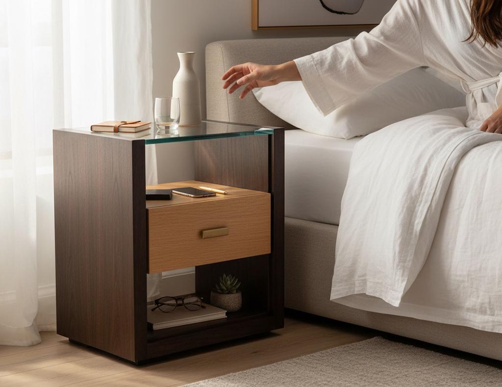 Este par de mesillas de noche de nogal y roble destilan sofisticación moderna con una silueta limpia y minimalista. El rico exterior de nogal con acabado espresso enmarca un cajón flotante de roble natural, acentuado por exclusivos tiradores de