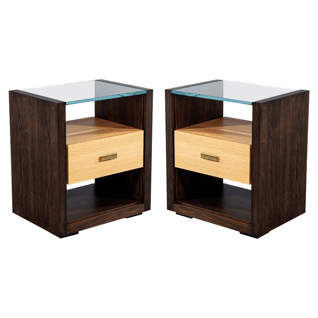 Pair of Walnut and Oak Large Glass Top Nightstand End Tables