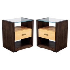 Pair of Walnut and Oak Large Glass Top Nightstand End Tables