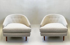 Pair of Walnut and Off White Fabric Lounge Chairs by Kipp Stewart