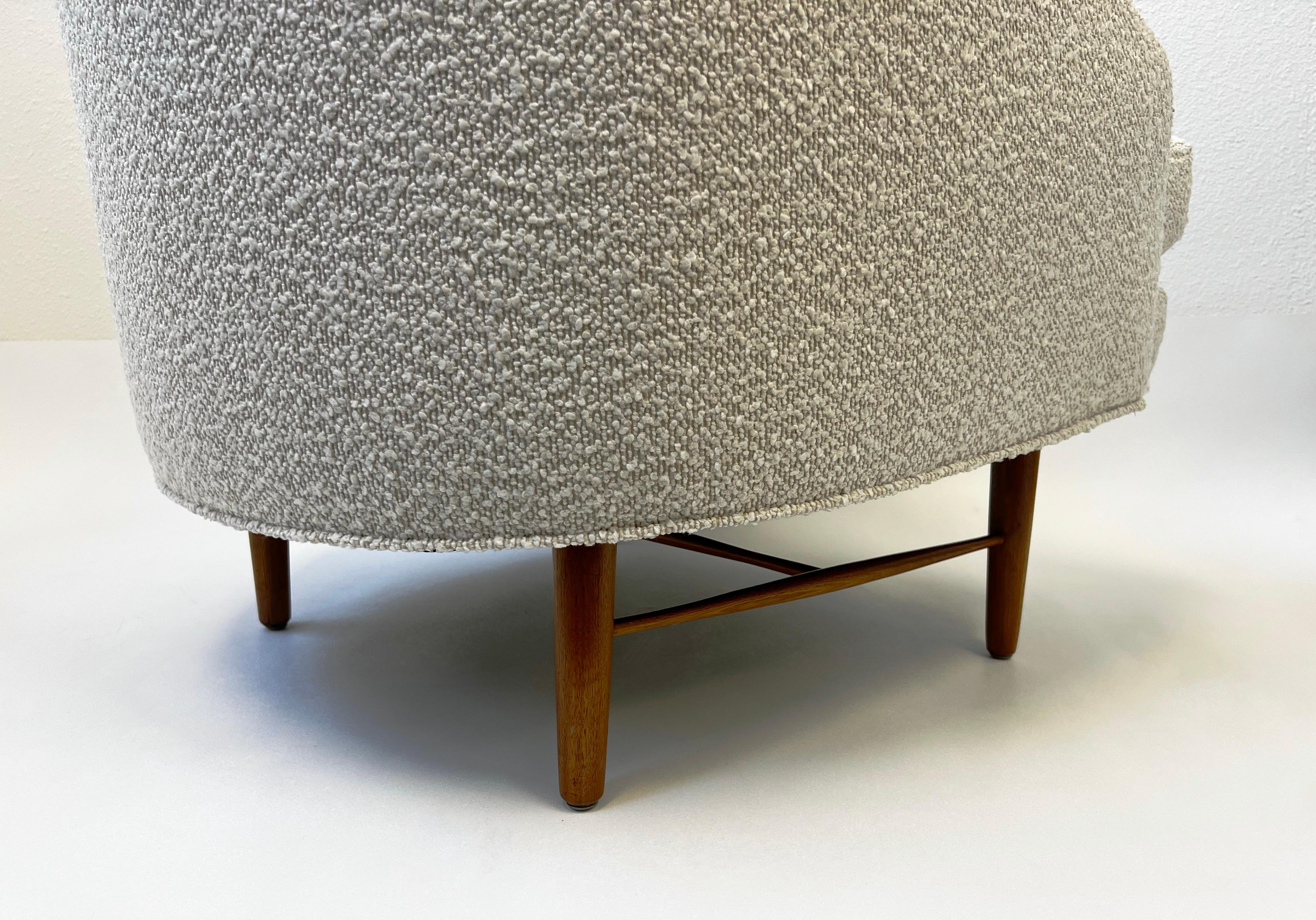 Tissu Pair of Walnut and Off White Fabric Lounge Chairs by Kipp Stewart  en vente