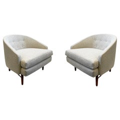 Vintage Pair of Walnut and Off White Fabric Lounge Chairs by Kipp Stewart 