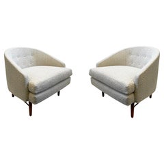 Pair of Walnut and Off White Fabric Lounge Chairs by Kipp Stewart