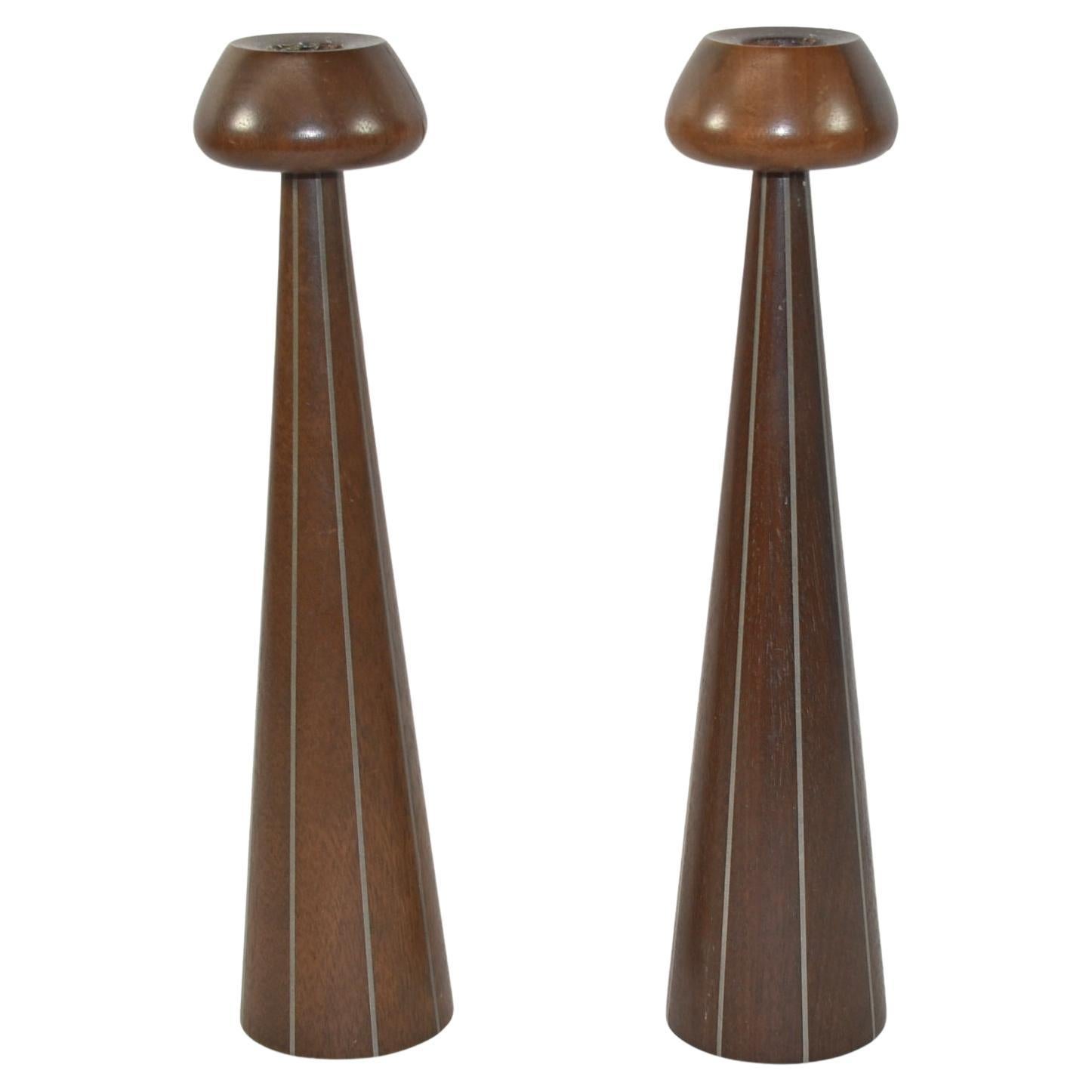 Pair of Walnut and Pewter Candlesticks by Paul Evans and Phillip Powell For Sale