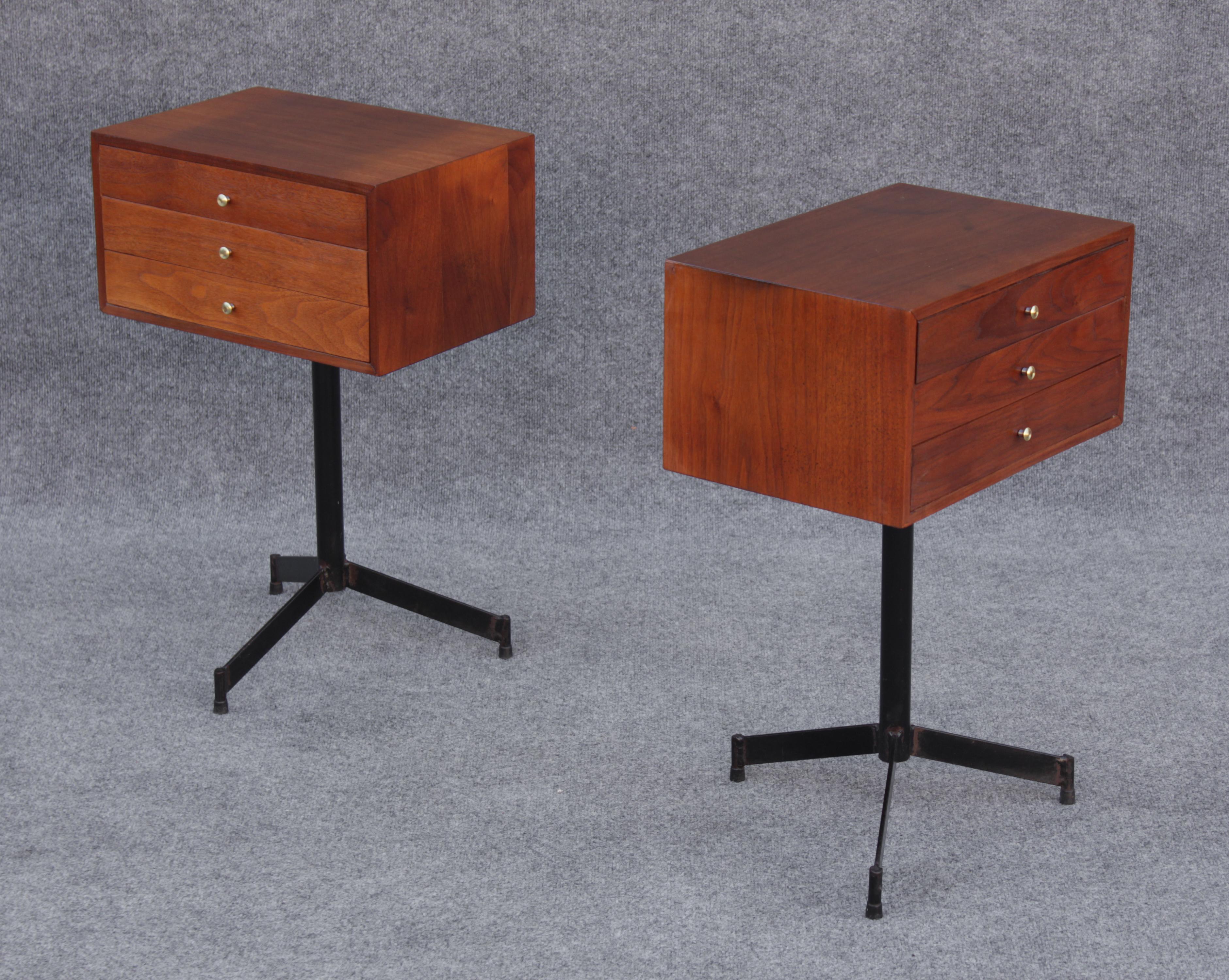 Mid-Century Modern Pair of Walnut and Steel Nightstands or Side or End Tables Mid Century Modern 