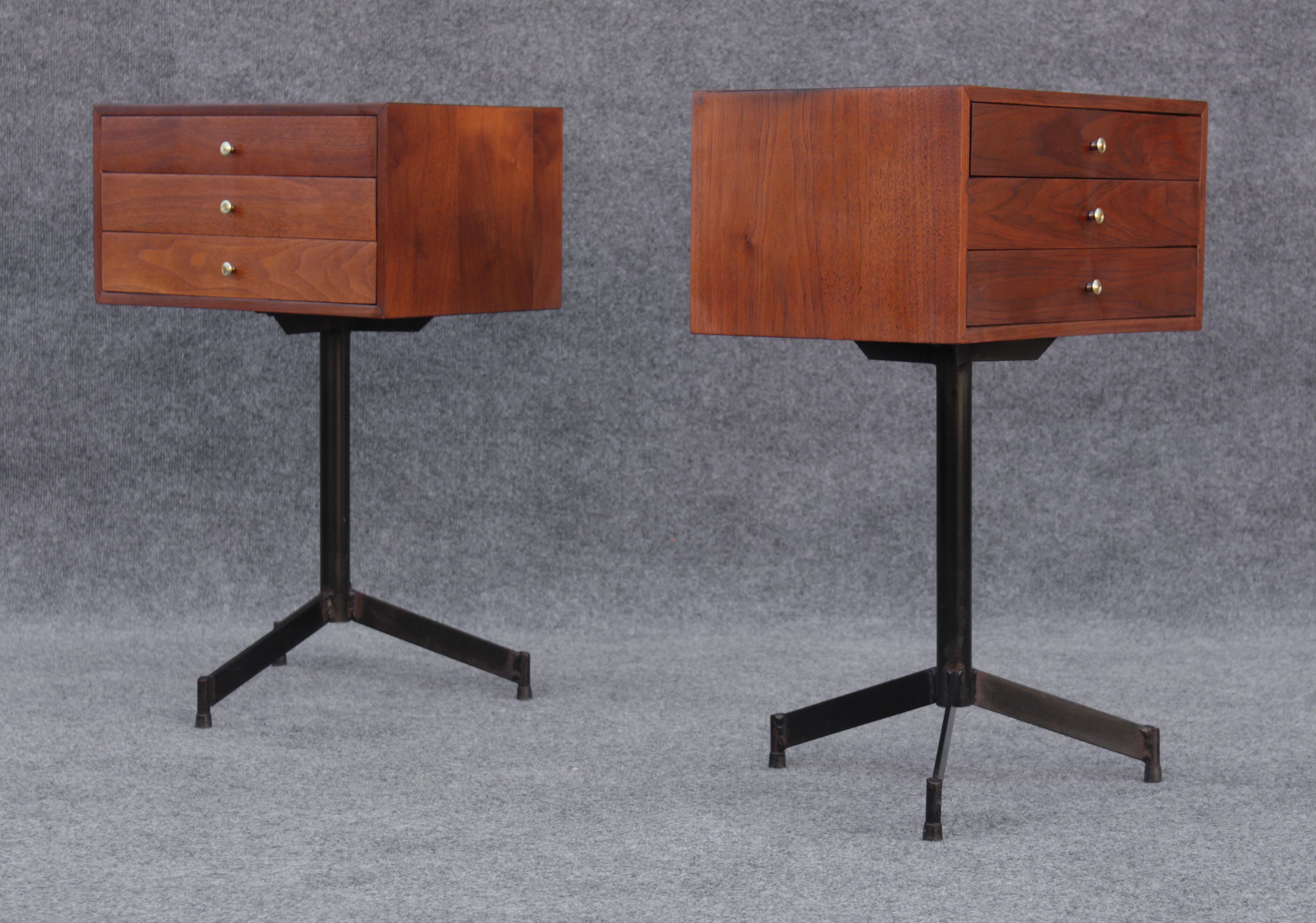 American Pair of Walnut and Steel Nightstands or Side or End Tables Mid Century Modern 
