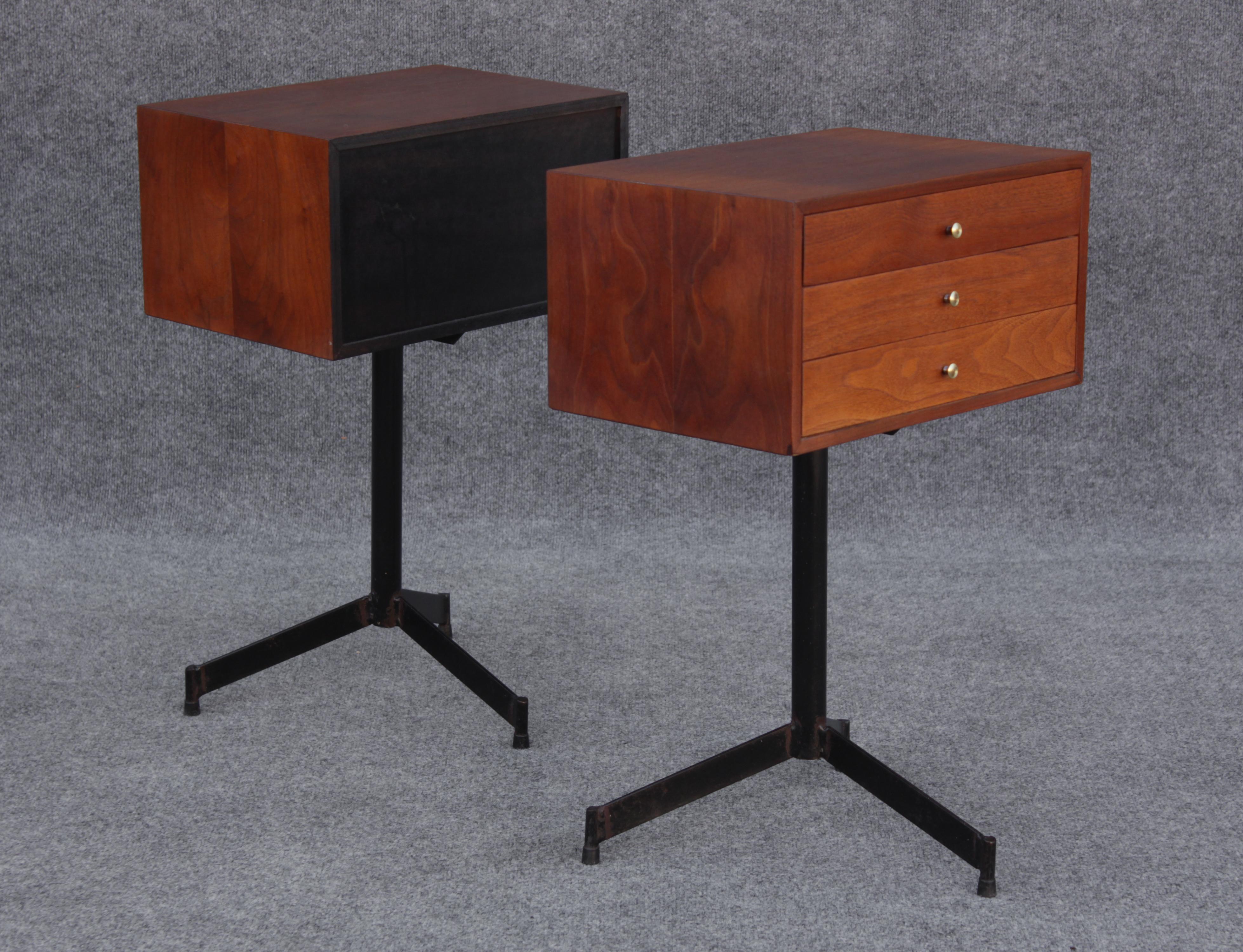 Late 20th Century Pair of Walnut and Steel Nightstands or Side or End Tables Mid Century Modern 