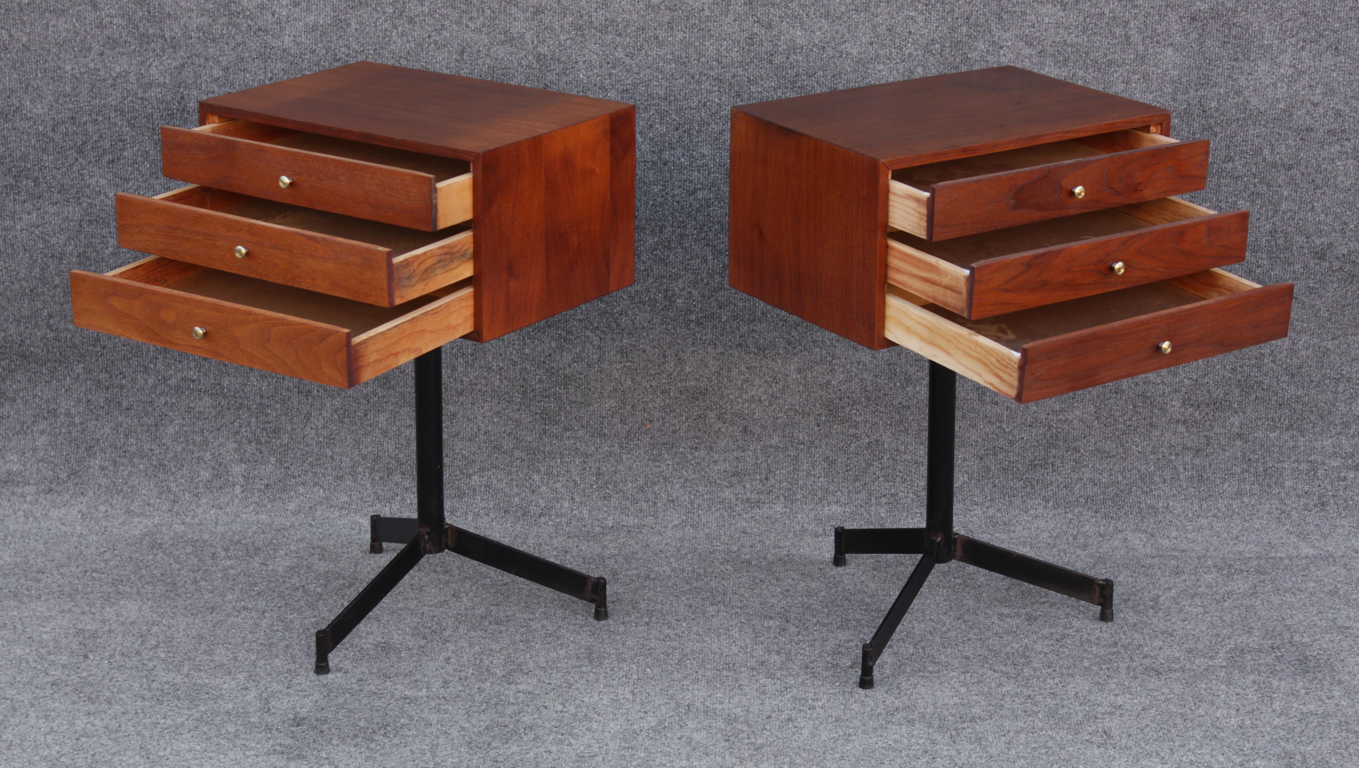 Brass Pair of Walnut and Steel Nightstands or Side or End Tables Mid Century Modern 