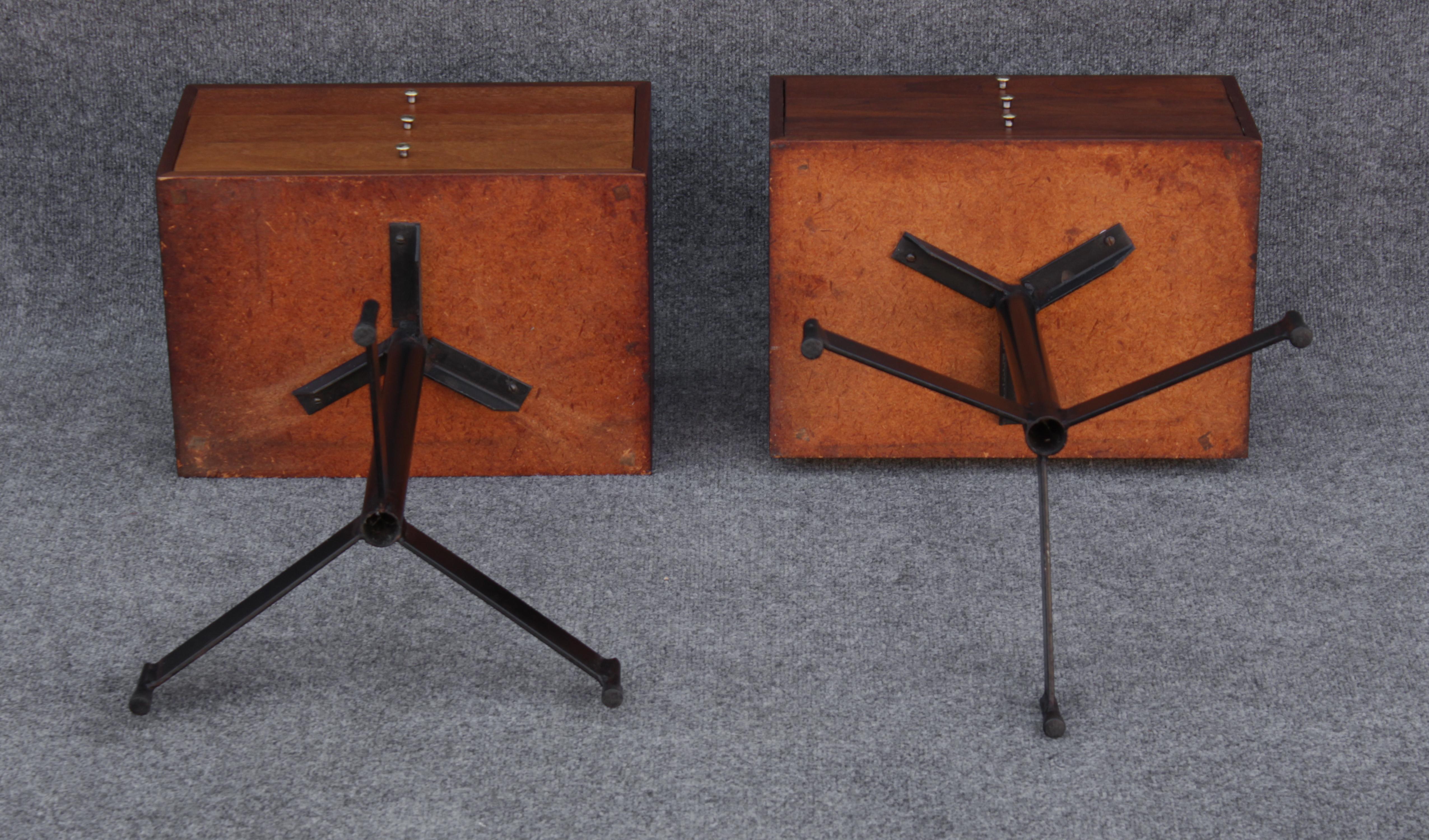 Pair of Walnut and Steel Nightstands or Side or End Tables Mid Century Modern  For Sale 1
